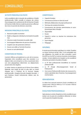 conseiller(e)

ACTIVITÉ PRINCIPALE DU POSTE                                        COMPÉTENCES
Le/la conseiller(e) aide à résoudre des problèmes à finalité        v Capacité d’analyse
professionnelle. Il/elle conseille et propose des actions           v Connaissances de base en droit du travail
d’accompagnement professionnel afin de favoriser l’emploi
                                                                    v Méthodes d’élaboration de projet professionnel
et l’insertion. Il/elle informe et aide les personnes à effectuer
                                                                    v Technique de conduite d’entretien
des choix et à prendre des décisions raisonnées.
                                                                    v Connaissances des données administratives et socio-
                                                                      économiques liées à l’emploi
MISSIONS PRINCIPALES DU POSTE
                                                                    v Disponibilité
v Recevoir le public en entretien                                   v Écoute
v Établir un diagnostic individuel sur la situation du public       v Capacité à activer ou réactiver les motivations des
  reçu                                                                personnes
v Informer et aider l’orientation du public cible                   v Esprit d’équipe
v Accompagner l’élaboration du parcours d’insertion                 v Pédagogie
v Coopérer avec des partenaires extérieurs
v Assurer une veille sur l’activité d’insertion                     DIPLÔMES
v Assurer un suivi administratif
                                                                    Il n’existe pas de formation spécifique à ce métier. Toutefois
                                                                    un niveau minimum de Bac à Bac +3 est souhaitable mais
CONDITIONS DE TRAVAIL                                               pas obligatoire. Cet emploi est donc accessible à partir
                                                                    d’un BTS ou d’un DUT en sciences humaines, économiques,
L’activité s’effectue principalement au sein de la structure.
                                                                    sociales. Certains diplômes de chargé(e) ou de conseiller(e)
Cependant, le/la conseiller(e) peut être amené(e) à se
                                                                    d’insertion permettent d’accéder à l’emploi :
déplacer (dans une entreprise ou chez un partenaire) dans
une zone géographique déterminée. Les déplacements                  v Le TP (titre professionnel) Conseiller(e) en insertion
peuvent donc être réguliers.                                          professionnelle

Le métier s’exerce en général sous la forme d’une relation          v Le TP Chargé            d’Accompagnement        Social   et
bilatérale, mais évolue de plus en plus dans un travail               Professionnel
d’équipe tant à l’intérieur de la structure (équipe                 v Une Licence Professionnelle Gestion des ressources hu-
professionnelle : chargé(e) d’accueil, chargé(e) de projet…)          maines spécialisée dans l’insertion, l’accompagnement
qu’à l’extérieur (travail institutionnel, relation avec les           et la formation.
partenaires).
                                                                    RÉMUNÉRATION
                                                                    Le salaire brut mensuel minimum d’un(e) conseiller(e) est
                                                                    compris entre 1749 € et 1949 € au 1/1/11 et entre 1758 € et
                                                                    1958 € à partir du 1/7/11.


                                                                    ÉVOLUTION PROFESSIONNELLE
                                                                    Après plusieurs années d’expérience, le/la conseiller(e) peut
                                                                    évoluer vers le poste de conseiller(e) référent(e) et même
                                                                    viser le poste de chargé(e) de projet.




62
 