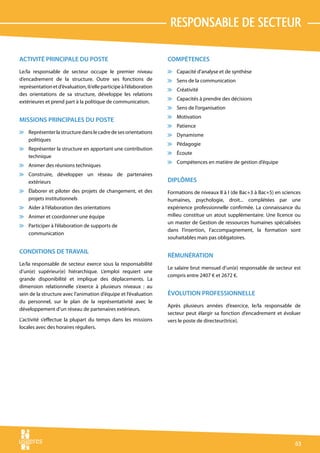 responsable de secteur

ACTIVITÉ PRINCIPALE DU POSTE                                        COMPÉTENCES
Le/la responsable de secteur occupe le premier niveau               v Capacité d’analyse et de synthèse
d’encadrement de la structure. Outre ses fonctions de               v Sens de la communication
représentation et d’évaluation, il/elle participe à l’élaboration
                                                                    v Créativité
des orientations de sa structure, développe les relations
                                                                    v Capacités à prendre des décisions
extérieures et prend part à la politique de communication.
                                                                    v Sens de l’organisation
                                                                    v Motivation
MISSIONS PRINCIPALES DU POSTE
                                                                    v Patience
v Représenter la structure dans le cadre de ses orientations
                                                                    v Dynamisme
  politiques
                                                                    v Pédagogie
v Représenter la structure en apportant une contribution
                                                                    v Écoute
  technique
                                                                    v Compétences en matière de gestion d’équipe
v Animer des réunions techniques
v Construire, développer un réseau de partenaires
  extérieurs                                                        DIPLÔMES
v Élaborer et piloter des projets de changement, et des             Formations de niveaux II à I (de Bac+3 à Bac+5) en sciences
  projets institutionnels                                           humaines, psychologie, droit... complétées par une
v Aider à l’élaboration des orientations                            expérience professionnelle confirmée. La connaissance du
v Animer et coordonner une équipe                                   milieu constitue un atout supplémentaire. Une licence ou
                                                                    un master de Gestion de ressources humaines spécialisées
v Participer à l’élaboration de supports de
                                                                    dans l’insertion, l’accompagnement, la formation sont
  communication
                                                                    souhaitables mais pas obligatoires.

CONDITIONS DE TRAVAIL
                                                                    RÉMUNÉRATION
Le/la responsable de secteur exerce sous la responsabilité
                                                                    Le salaire brut mensuel d’un(e) responsable de secteur est
d’un(e) supérieur(e) hiérarchique. L’emploi requiert une
                                                                    compris entre 2407 € et 2672 €.
grande disponibilité et implique des déplacements. La
dimension relationnelle s’exerce à plusieurs niveaux : au
sein de la structure avec l’animation d’équipe et l’évaluation      ÉVOLUTION PROFESSIONNELLE
du personnel, sur le plan de la représentativité avec le
                                                                    Après plusieurs années d’exercice, le/la responsable de
développement d’un réseau de partenaires extérieurs.
                                                                    secteur peut élargir sa fonction d’encadrement et évoluer
L’activité s’effectue la plupart du temps dans les missions         vers le poste de directeur(trice).
locales avec des horaires réguliers.




                                                                                                                            63
 