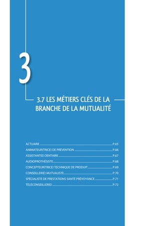 3           3.7 LES métiers CLÉS de la 
                 branche de la mutualité



     actuaire..............................................................................................................p.65
     animateur(trice) de prévention..........................................................p.66
     assistant(e) dentaire..................................................................................p.67
     audioprothésiste..........................................................................................p.68
     concepteur(trice) technique de produit......................................p.69
     conseiller(e) mutualiste.........................................................................p.70
                             .
     spécialiste de prestations santé prévoyance...........................p.71
     téléconseiller(e)...........................................................................................p.72




64
 
