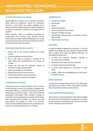 animateur(trice) technicien(ne)
réalisateur(trice) (atr)
ACTIVITÉ PRINCIPALE DU POSTE                                        COMPÉTENCES
Responsable de l’animation, d’une ou plusieurs émissions,           v Sens de la convivialité
il/elle exécute le programme suivant les conducteurs                v Organisation
d’antenne et les cahiers des charges préétablis par la              v Rigueur
direction d’antenne. Il/elle contribue en outre à la réalisation    v Capacité d’adaptation
de séquences destinées à l’antenne, le montage sonore, la
                                                                    v Bonne connaissance de l’actualité
publicité.
                                                                    v Capacité à travailler en équipe
Il/elle recherche, réalise et coordonne l’ensemble des
                                                                    v Compétences techniques pour la réalisation (maîtrise
composantes d’une émission (jeux, éléments sonores,
                                                                      de la console)
intervenants, technique, publicité). Il/elle propose et conclut
                                                                    v Aisance orale et technique
avec des partenaires des actions de promotion de la radio et
des émissions dont il/elle a la charge.
                                                                    DIPLÔMES
MISSIONS PRINCIPALES DU POSTE                                       Le métier privilégie les diplômes de niveau Bac + 2, mais est
                                                                    également accessible avec une expérience professionnelle
v Animer une ou des émissions pendant une tranche
                                                                    dans le secteur de la radio sans diplôme particulier. Les
  horaire
                                                                    principales formations sont :
v Assurer la réalisation de ses émissions
                                                                    v La filière Arts mentions médiation culturelle et
v Être le lien entre la musique, la publicité et les
                                                                      communication (université)
  infos (réaliser des enregistrements du montage, du
  mixage…)                                                          v L’IUP Métiers de l’image et du son (université)
v Animer des jeux avec les auditeurs, recevoir et                   v Le Studio Ecole de France (92) (école)
  interviewer artistes et personnalités                             v Le CIFAP (école) préparant en alternance le métier
v Créer la convivialité sur une antenne                               d’ATR.
v Réaliser des promotions pour l’antenne                            v L’ORCEL : l’Office de la Radiodiffusion des Communica-
v Entretenir les relations avec les partenaires                       tions Electroniques
v Assurer la petite maintenance du matériel
                                                                    RÉMUNÉRATION
CONDITIONS DE TRAVAIL                                               Le salaire brut mensuel minimum d’un(e) A.T.R. débutant(e)
Polyvalent central de la radio associative, l’A.T.R. intervient     est compris entre 1186 € et 1435 €. Une évolution de salaire
sur des domaines variés et est amené(e) à collaborer avec           liée à l’ancienneté est prévue tous les trois ans.
des publics différents à l’intérieur de l’entreprise (administ
rateurs(trices), journalistes radios…) mais aussi à l’extérieur     ÉVOLUTION PROFESSIONNELLE
(partenaires, intervenants). Il/elle travaille en équipe en
suivant les recommandations de son supérieur hiérarchique,          Après plusieurs années d’expérience, le/la professionnel(le)
le/la conducteur(trice) d’antenne. Les horaires sont fixes          peut rester dans son domaine de compétences et évoluer
mais peuvent être décalés en soirée et le week-end.                 vers des fonctions d’encadrement dans le cadre d’un poste
Il/elle a la responsabilité de l’émission de sa réalisation et sa   d’A.T.R. coordinateur(trice) d’antenne.
production à sa programmation et son animation.




74
 