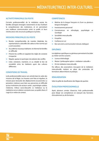 médiateur(trice) inter-culturel

ACTIVITÉ PRINCIPALE DU POSTE                                     COMPÉTENCES
Ce/cette professionnel(le) de la médiation assiste les           v Maîtrise de la langue française et d’une ou plusieurs
familles (d’origine étrangère notamment) en leur facilitant        langues étrangères
la compréhension des institutions, et en permettant              v Investissement personnel
une meilleure communication entre ce public et leurs
                                                                 v Connaissances        en    ethnologie,     psychologie    et
interlocuteurs des structures publiques et privées.
                                                                   sociologie
                                                                 v Sensibilité interculturelle
MISSIONS PRINCIPALES DU POSTE                                    v Empathie
v Rendre compréhensible, de manière bilatérale, les              v Confiance en soi
  représentations culturelles (les valeurs et les normes qui     v Bon sens de la communication (écoute, dialogue)
  y sont associées)
v Accueillir les nouveaux habitants et informer les familles
                                                                 DIPLÔMES
  en difficulté
v Prévenir les conflits en rappelant les règles de conduite      Les diplômes spécifiques ou généraux permettant d’accéder
  à respecter                                                    au métier sont les suivants :
v Réguler, apaiser et participer à la solution des conflits      v Licence d’ethnologie
v Créer, entretenir, maintenir, et ou rétablir le lien de        v Master 2 philosophie option « médiation culturelle »
  sociabilité entre les habitants ayant des cultures             v DU de médiation interculturelle
  différentes                                                    Par ailleurs, des associations s’occupant de la médiation
                                                                 interculturelle mettent en place des protocoles de
CONDITIONS DE TRAVAIL                                            formations alliant théorie et pratique.

Le/la professionnel(le) exerce son activité dans le cadre des
                                                                 RÉMUNÉRATION
missions de la Régie. Les horaires sont fixes et réguliers, la
mission peut nécessiter des déplacements occasionnels. La        Selon la grille de classification des Régies de quartier.
prestation s’adresse aussi bien aux personnes en difficulté
qu’aux institutions de secteurs variés : psychologie scolaire,
                                                                 ÉVOLUTION PROFESSIONNELLE
médecine, milieux socio-éducatifs. Le médiateur ou la
médiatrice est en relation constante avec un public divers. Il   Après plusieurs années d’exercice, le/la professionnelle
s’agit d’un métier de contact.                                   peut élargir ses compétences en exerçant des fonctions
                                                                 d’encadrement ou de formation.




                                                                                                                             85
 