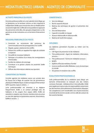 médiateur(trice) urbain - agent(e) de convivialité

ACTIVITÉ PRINCIPALE DU POSTE                                       COMPÉTENCES
Ce/cette professionnel(le) est un(e) salarié(e) de la Régie qui    v Sens du dialogue
se positionne sur le territoire comme un tiers impartial et        v Bonne capacité d’écoute
indépendant. Il/elle a pour mission de créer ou rétablir du lien   v Maîtrise des techniques de gestion et prévention des
social et de régler des conflits de la vie quotidienne opposant      conflits
des personnes entre elles, des groupes antagonistes ou des         v Sens de l’observation
personnes et des institutions sur un territoire d’intervention
                                                                   v Capacité à travailler en équipe
défini.
                                                                   v Aisance relationnelle et rédactionnelle
                                                                   v Maitrise de l’outil informatique.
MISSIONS PRINCIPALES DU POSTE
v Construire ou reconstruire des processus de                      DIPLÔMES
  communication entre les protagonistes d’un conflit
                                                                   Les diplômes permettant d’accéder au métier sont les
v Réguler, apaiser, solutionner les conflits
                                                                   suivants :
v Prévenir les conflits en rappelant les règles de conduite
                                                                   v CAP Agent de prévention et de médiation
  à respecter
                                                                   v Titre professionnel « Agent de médiation, information,
v Accueillir les nouveaux habitants
                                                                     services »
v Participer à la création d’un réseau de correspondants
                                                                   v Titre professionnel « Technicien médiation services »
  d’immeubles
                                                                   v BPJEPS
v Faciliter les relations de voisinage
                                                                   v Diplôme d’État de médiateur familial
v Contribuer à la gestion urbaine de proximité (Veille
  technique)                                                       v Licences professionnelles Médiateur socio-économique
                                                                     ou sociale
v Diffuser des informations relatives aux quartiers
                                                                   v DU gestion et résolution des conflits

CONDITIONS DE TRAVAIL
                                                                   ÉVOLUTION PROFESSIONNELLE
Ce/cette agent(e) de médiation exerce son activité dans
                                                                   Le/la professionnel(le) de la médiation peut élargir son
les locaux de la Régie de quartier lors de permanences
                                                                   domaine d’intervention en évoluant vers des métiers
physiques et téléphoniques. ou dans un espace d’intervention
                                                                   connexes (Exemple : médiateur(trice) interculturelle). Il/elle
défini (quartier, espaces urbains…)
                                                                   peut également exercer plus de responsabilités notamment
Le/la professionnel(le) est amené(e) à se déplacer
                                                                   par des fonctions d’encadrement et d’animations d’équipes.
fréquemment. Il/elle a un contact privilégié avec les
                                                                   Ses compétences sont transférables vers d’autres branches
habitants et les usagers d’un espace défini. Il/elle est
                                                                   d’activité de l’économie sociale comme celle des acteurs du
amené(e) à coopérer avec d’autres membres de la structure
                                                                   lien social et familial.
ou avec des agent(e)s et partenaires externes. (Associations,
bailleurs sociaux…).




86
 