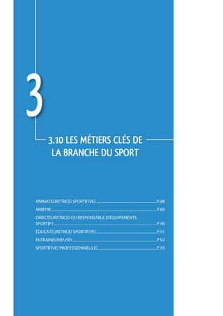 3           3.10 LES métiers CLÉS de 
             la branche du sport



animateur(trice) sportif(ve)..................................................................p.88
arbitre..................................................................................................................p.89
directeur(trice) ou responsable d’équipements
sportifs...............................................................................................................p.90
éducateur(trice) sportif(ve)..................................................................p.91
Entraineur(euse)...........................................................................................P.92
                .
sportif(ve) professionnel(le)................................................................p.93




                                                                                                                                87
 