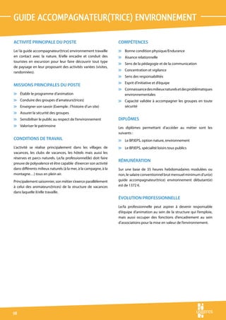 guide accompagnateur(trice) environnement

ACTIVITÉ PRINCIPALE DU POSTE                                      COMPÉTENCES
Le/ la guide accompagnateur(trice) environnement travaille        v Bonne condition physique/Endurance
en contact avec la nature. Il/elle encadre et conduit des         v Aisance relationnelle
touristes en excursion pour leur faire découvrir tout type
                                                                  v Sens de la pédagogie et de la communication
de paysage en leur proposant des activités variées (visites,
                                                                  v Concentration et vigilance
randonnées).
                                                                  v Sens des responsabilités
                                                                  v Esprit d’initiative et d’équipe
MISSIONS PRINCIPALES DU POSTE
                                                                  v Connaissance des milieux naturels et des problématiques
v Établir le programme d’animation                                  environnementales
v Conduire des groupes d’amateurs(trices)                         v Capacité validée à accompagner les groupes en toute
v Enseigner son savoir (Exemple : l’histoire d’un site)             sécurité
v Assurer la sécurité des groupes
v Sensibiliser le public au respect de l’environnement            DIPLÔMES
v Valoriser le patrimoine                                         Les diplômes permettant d’accéder au métier sont les
                                                                  suivants :
CONDITIONS DE TRAVAIL                                             v Le BPJEPS, option nature, environnement
L’activité se réalise principalement dans les villages de         v Le BPJEPS, spécialité loisirs tous publics
vacances, les clubs de vacances, les hôtels mais aussi les
réserves et parcs naturels. Le/la professionnel(le) doit faire
                                                                  RÉMUNÉRATION
preuve de polyvalence et être capable d’exercer son activité
dans différents milieux naturels (à la mer, à la campagne, à la   Sur une base de 35 heures hebdomadaires modulées ou
montagne…) tous en plein air.                                     non, le salaire conventionnel brut mensuel minimum d’un(e)
Principalement saisonnier, son métier s’exerce parallèlement      guide accompagnateur(trice) environnement débutant(e)
à celui des animateurs(trices) de la structure de vacances        est de 1372 €.
dans laquelle il/elle travaille.
                                                                  ÉVOLUTION PROFESSIONNELLE
                                                                  Le/la professionnelle peut aspirer à devenir responsable
                                                                  d’équipe d’animation au sein de la structure qui l’emploie,
                                                                  mais aussi occuper des fonctions d’encadrement au sein
                                                                  d’associations pour la mise en valeur de l’environnement.




98
 