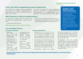 15
Guide de création d’entreprise
www.and.dz
Les avantages fiscaux
Délai de remboursement : 11 ans et 06 mois
Aide financière et délai de remboursement
Prêts sans intérêt supplémentaire pour l’exploitation
Les porteurs de projets peuvent bénéficier
d’un prêt sans intérêt complémentaire à
l’exploitation, d’un montant 1000 000 DA (un
million de dinars).
Ce prêt est accordé à titre exceptionnel
selon les conditions et modalités précisées
conformément à la réglementation et la
législation, ainsi que les procédures en vigueur.
Un prêt sans intérêt varie en fonction du
montant de l’investissement, à payer comme
suit :
• Ajournement de 18 mois.
• 05 ans pour rembourser le prêt bancaire
• 05 ans pour rembourser le prêt sans intérêt
après remboursement du prêt bancaire.
Remarque : Le prêt
bancaire a un taux
d’intérêt réduit à 100%
En plus des programmes
d’aide financière,
d’accompagnement et
de formation fournie par
l’Agence, elle accorde
également d’autres
privilèges, notamment
fiscaux, que ce soit au
stade de la réalisation du
projet, l’exploitation et aussi
au stade de l’extension du
projet.
2. Étape d’exploitation
1. Étape de réalisation
• Réduction
des droits de
douane sur les
équipements
i m p o r t é s ;
• Exonération de la
valeur ajoutée sur
les équipements
pour les micro-
entreprises ;
• Exemption de
payer les taxes
de transfert de
propriété pour les
enregistrements
foncier réalisés
dans le cadre de
la mise en place
de l’activité ;
• Exemption
des droits
d’enregistrement
des actes
constitutifs de
micro-entreptrise.
• Exonération du montant de la
caution de bonne exécution pour
les activités artisanales et les
micro-entreprises lorsqu’il s’agit
de restauration de biens culturels ;
• Exonération de la taxe foncière sur
les immeubles et les extensions
d’immeuble pour une durée de
03 ans ou 06 ans pour les zones
spéciales et les hauts plateaux, ou
10 ans pour les régions du sud ;
• Exonération totale de l’impôt
forfaitaire unique « IFU » à partir
de la date d’exploitation pour une
durée de 03 ans ou 06 ans pour
les zones spéciales, ou 10 ans pour
les zones du sud.
• Prolongation de la durée
d’exonération de l’impôt forfaitaire
unique « IFU » pendant deux ans
(02 année) lorsque l’investisseur
s’engage à employer au moins
03 travailleurs pour une durée
indéterminée.
Pour plus d’informations, visitez le site de L’Agence Nationale d’Appui et de Développement à l’Entrepreneuriat :
http//anade.dz
 