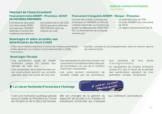 17
Guide de création d’entreprise
www.and.dz
Financement triangulaire ANGEM – Banque – Promoteur
Ce sont des crédits octroyés par
la banque et l’ANGEM au titre de
création d’activité. Le montant du
projet ne dépasse pas 1000 000
DA. Le financement se compose
comme suit :
• Un prêt bancaire de 70%
• Un prêt ANGEM non rémunéré
de 29 %
• Un apport personnel est de 1%
Montant de l’investissement
Financement mixte ANGEM – Promoteur, ACHAT
DE MATIÈRES PREMIÈRES
Il consiste en des prêts
non rémunérés (PNR),
octroyés par l’ANGEM,
destinés à l’achat des
matières premières et
sont plafonnés à 100 000
DA (et peuvent atteindre
250 000 DA dans les
wilayas du sud),
Avantages et aides accordés aux
bénéficiaires du Micro Crédit
• Prêts sans intérêts destinés à l’achat de matières premières
• Prêts destinés à la création d’activités bonifiés à 100%.
• Formation ;
• Soutien, conseils et accompagnement, dans la mise en œuvre
de votre activité ;
• Une exonération totale de l’impôt
forfaitaire unique IFU durant une
période de trois ans;
• Une exonération de la taxe foncière sur
les constructions servant aux activités
exercées, pour une durée de trois ans;
• Son exemptées du droit de mutation, les
acquisitions immobilières effectuées par
les promoteurs, en vue de la création
d’activités industrielles;
• Les actes portant constitution de
sociétés créées par les promoteurs
sont exonérés de tous droite
d’enregistrement;
• Un abattement de l’impôts forfaitaire
unique IFU, dus à l’issue de la période
des exonérations, pendant les trois
premières années d’imposition.
Avantages fiscaux
C’est une institution publique placée
sous la tutelle du Ministère du Travail
de l’Emploi et de la Sécurité Sociale,
elle est chargée de la gestion du
dispositif de soutien à la création et
d’extension d’activités qui s’adresse
aux chômeurs promoteurs.
La Caisse Nationale D’assurance Chomage
 