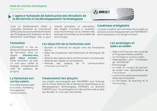 22
Guide de création d’entreprise
www.and.dz
Guide de création d’entreprise
www.and.dz
C’est un Etablissement Public à
Caractère Industriel et Commercial
(EPIC),placésouslatutelleduMinistère
de L’Enseignement Supérieur et de la
Recherche Scientifique. Elle a pour
mission principale, la valorisation
des projets innovants à caractère
socio-économique via la création des
startups innovantes ou le transfert de
technologie.
Conditions d’éligibilité
La seule condition de l’admission d’un projet au
processus d’accompagnement de l’ANVREDET
est la possession d’un projet innovant.
L’ANVREDET a mis en
place un riche programme
de formation sous un
slogan: «Formez-vous
pour mieux innover».
Cette formation se veut
un outil pour unifier le
langage entrepreneurial
chez les porteurs de
projets.
Formation
Propriété Intellectuelle,
innovation, marketing,
management,
communication.
Les projets accompagnés par l’ANVRDET sont financés
par le Fonds National de la Recherche Scientifique et du
Développement Technologique (FNRSDT). La dotation
FNRSDT pour l’accompagnement des porteurs de projets
est étudiée et n’est pas rémunérée.
Financement des projets
L’agence Nationale de Valorisation des Résultats de
la Recherche et du Développement Technologique
Les objectifs de la formation sont
• Booster la créativité en équipe avec les Innovations
Game;
• Gérer les procédures administratives et techniques de
la PI;
• Maitrise des aspects de la communication commerciale;
• Maitrise des risques et l’anticipation;
• Maitrise des aspects de la communication
i n t e r p e r s o n n e l l e .
• Aide à la Protection des droits de
la Propriété Intellectuelle(PI);
• Le montage du business plan ;
• Hébergement dans l’incubateur
de l’ANVREDET
• Prototypage;
• La mise en contact du porteur
de projet avec l’écosystème de
l’innovation;
• Lapromotionetlacommunication
desprojetsinnovants;
• La formation, le coaching et le
monitoring….
Les avantages et
aides accordés
La formation est
sur les volets
 