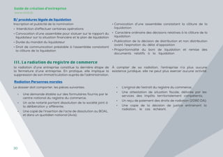30
Guide de création d’entreprise
www.and.dz
III. La radiation du registre de commerce
la radiation d’une entreprise constitue la dernière étape de
la fermeture d’une entreprise. En pratique, elle implique la
suppression de son immatriculation auprès de l’administration.
À compter de sa radiation, l’entreprise n’a plus aucune
existence juridique, elle ne peut plus exercer aucune activité.
Le dossier doit comporter, les pièces suivantes:
• Une demande établie sur des formulaires fournis par le
centre national du registre du commerce;
• Un acte notarié portant dissolution de la société joint à
la délibération y afférente;
• Une copié de l’insertion de l’acte de dissolution au BOAL
et dans un quotidien national (Avis);
• L’original de l’extrait du registre du commerce;
• Une attestation de situation fiscale, délivrée par les
services des impôts territorialement compétents;
• Un reçu de paiement des droits de radiation (2080 DA);
• Une copie de la décision de justice entrainant la
radiation, le cas échéant.
Radiation Personnes morales
Inscription et publicité de la nomination
• Interdiction d’effectuer certaines opérations
• Convocation d’une assemblée pour statuer sur le rapport du
liquidateur sur la situation financière et le plan de liquidation
• Durée du mandat du liquidateur
• Droit de communication préalable à l’assemblée constatant
la clôture de la liquidation
• Convocation d’une assemblée constatant la clôture de la
liquidation
• Caractère ordinaire des décisions relatives à la clôture de la
liquidation
• Publication de la décision de distribution et non distribution
avant l’expiration du délai d’opposition
• Proportionnalité du boni de liquidation et remise des
documents relatifs à la liquidation
B/ procédures légale de liquidation
 