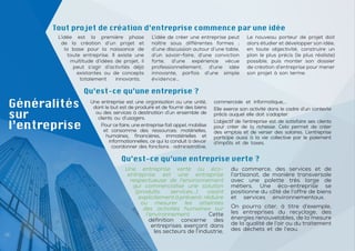 4
Tout projet de création d’entreprise commence par une idée
Généralités
sur
l’entreprise
L’idée est la première phase
de la création d’un projet et
la base pour la naissance de
toute entreprise. Il existe une
multitude d’idées de projet, il
peut s’agir d’activités déjà
existantes ou de concepts
totalement innovants.
L’idée de créer une entreprise peut
naître sous différentes formes ;
d’une discussion autour d’une table,
d’un savoir-faire, d’une conviction
forte, d’une expérience vécue
professionnellement, d’une idée
innovante, parfois d’une simple
évidence…
Le nouveau porteur de projet doit
alors étudier et développer son idée,
en toute objectivité, construire un
plan le plus précis (le plus réaliste)
possible, puis monter son dossier
de création d’entreprise pour mener
son projet à son terme.
Une entreprise est une organisation ou une unité,
dont le but est de produire et de fournir des biens
ou des services à destination d’un ensemble de
clients ou d’usagers.
Pour ce faire, une entreprise fait appel, mobilise
et consomme des ressources: matérielles,
humaines, financières, immatérielles et
informationnelles, ce qui la conduit à devoir
coordonner des fonctions : administrative,
commerciale et informatique,...
Elle exerce son activité dans le cadre d’un contexte
précis auquel elle doit s’adapter.
L’objectif de l’entreprise est de satisfaire ses clients
pour créer de la richesse. Cela permet de créer
des emplois et de verser des salaires. L’entreprise
participe aussi à la vie collective par le paiement
d’impôts et de taxes.
Qu’est-ce qu’une entreprise ?
Qu’est-ce qu’une entreprise verte ?
Une entreprise verte ou éco-
entreprise est une entreprise
respectueuse de l’environnement
qui commercialise une solution
(produits, services…) visant
explicitement à prévenir, réduire
ou mesurer les atteintes
des activités humaines sur
l’environnement. Cette
définition concerne des
entreprises exerçant dans
les secteurs de l’industrie,
du commerce, des services et de
l’artisanat, de manière transversale
avec une palette très large de
métiers. Une éco-entreprise se
positionne du côté de l’offre de biens
et services environnementaux.
On pourra citer, à titre d’exemple,
les entreprises du recyclage, des
énergies renouvelables, de la mesure
de la qualité de l’air ou du traitement
des déchets et de l’eau.
 