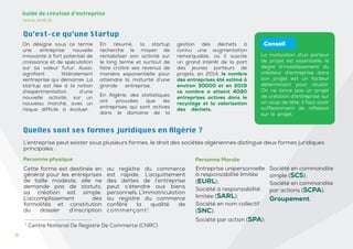 6
6
Guide de création d’entreprise
www.and.dz
On désigne sous ce terme
une entreprise nouvelle
innovante à fort potentiel de
croissance et de spéculation
sur sa valeur futur. Aussi,
signifiant littéralement
«entreprise qui démarre». La
startup est liée à la notion
d’expérimentation d’une
nouvelle activité, sur un
nouveau marché, avec un
risque difficile à évaluer.
En résumé, la startup
recherche le moyen de
rentabiliser son activité sur
le long terme et surtout de
faire croître ses revenus de
manière exponentielle pour
atteindre la maturité d’une
grande entreprise.
En Algérie, des statistiques
ont prouvées que les
entreprises qui sont actives
dans le domaine de la
gestion des déchets à
connu une augmentation
remarquable, où il suscite
un grand intérêt de la part
des jeunes porteurs de
projets. en 2014, le nombre
des entreprises été estimé à
environ 30000 et en 2019
ce nombre a atteint 4090
entreprises actives dans le
recyclage et la valorisation
des déchets.
Qu’est-ce qu’une Startup
Conseil
La motivation d’un porteur
de projet est essentielle, le
degré d’investissement du
créateur d’entreprise dans
son projet est un facteur
déterminant pour réussir.
On ne lance pas un projet
de création d’entreprise sur
un coup de tête, il faut avoir
suffisamment de réflexion
sur le projet.
L’entreprise peut exister sous plusieurs formes, le droit des sociétés algériennes distingue deux formes juridiques
principales :
Quelles sont ses formes juridiques en Algérie ?
Personne physique
Cette forme est destinée en
général pour les entreprises
de taille modeste, elle ne
demande pas de statuts,
sa création est simple.
L’accomplissement des
formalités et constitution
du dossier d’inscription
au registre du commerce
est rapide. L’acquittement
des dettes de l’entreprise
peut s’étendre aux biens
personnels.L’immatriculation
au registre du commerce
confère la qualité de
commerçant1
.
1
Centre National De Registre De Commerce (CNRC)
Entreprise unipersonnelle
à responsabilité limitée
(EURL);
Société à responsabilité
limitée (SARL);
Société en nom collectif
(SNC);
Société par action (SPA);
Société en commandite
simple (SCS);
Société en commandite
par actions (SCPA);
Groupement.
Personne Morale
 
