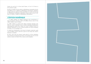 171716 Guide des auteurs de livres - 2017
d’entre eux ont lu de 1 à 4 livres dans l’année, 41 % de 5 à 19 livres et
26 % 20 livres et plus.
En 2013, le nombre de livres prêtés en bibliothèques municipales était de
265 millions et de 11 millions en bibliothèques universitaires, statistiques
en léger retrait par rapport à l’année précédente. Les achats de livres par
les bibliothèques municipales représentent chaque année environ 8 mil-
lions de volumes (1 million en bibliothèques universitaires).
L’ÉDITION NUMÉRIQUE
Le chiffre d’affaires de l’édition numérique (hors abonnements et
bases de données) s’élevait en 2015 à 65 millions d’euros, soit 2,4 % du
chiffre d’affaires total de l’édition.
Ce chiffre d’affaires se répartit entre édition numérique physique (CD,
DVD, etc.) pour 12 millions d’euros et édition numérique dématérialisée
(téléchargement unitaire, flux, extraits, etc.) pour 53 millions d’euros. La
littérature représente 42 % de ce nouveau marché, les sciences humaines
et sociale 17 % et le pratique 14 %.
Le marché des abonnements et des bases de données représente quant
à lui 99 millions d’euros (dont 90 % pour le seul secteur des sciences
humaines et sociales).
En 2015, seuls 18% des Français avaient déjà lu un livre numérique
(6% seulement envisageaient de le faire) et ils n’étaient que 4% à en avoir
acheté au moins un (contre 53% au moins un livre imprimé).
 