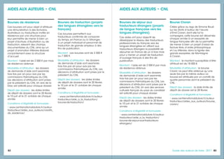 8383Guide des auteurs de livres - 201782
Bourses de séjour aux
traducteurs étrangers (projets
de langue française vers les
langues étrangères)
Ces aides ont pour objectif de
développer le réseau des traducteurs
professionnels du français vers les
langues étrangères en offrant aux
traducteurs étrangers la possibilité de
séjourner en France de un à trois mois
pour y mener un projet de traduction
d’ouvrage français à des fins de
publication.
Montant : l’aide est de 2 000 € par mois
de résidence obtenue.
Modalités d’attribution : les dossiers
de demande d’aide sont examinés
trois fois par an pour avis par les
commissions thématiques du CNL. Les
décisions d’attribution sont prises par le
président du CNL. Un avis des services
culturels français du pays du candidat
est sollicité pour chaque dossier.
Dépôt des dossiers : les dates limites
de dépôt de dossiers sont le 20 février,
le 10 juin et le 31 octobre de chaque
année.
Conditions d’éligibilité et formulaire :
• www.centrenationaldulivre.fr/auteur-
traducteur/aide_a_la_traduction/
bourse-de-sejour-aux-traducteurs-
etrangers/
Bourse Cioran
Créée grâce au legs de Simone Boué
sur les droits d’auteur de l’œuvre
d’Emil Cioran, dont elle fut la
compagne, cette bourse est décernée
chaque année à un essayiste de
langue française afin de lui permettre
de mener à bien un projet d’essai de
facture libre, d’ordre philosophique
et / ou littéraire, dans la lignée des
grands essayistes, de Montaigne
à Cioran.
Montant : le montant susceptible d’être
attribué est de 18 000 €.
Modalités d’attribution : la bourse
Cioran ne peut être obtenue qu’une
seule fois par le même auteur. La
bourse est attribuée par un comité de
quatre personnes dont le président du
CNL.
Dépôt des dossiers : la date limite de
dépôt de dossier est le 28 février.
Conditions d’éligibilité et formulaire :
• www.centrenationaldulivre.fr/auteur-
traducteur/aides_aux_auteurs/bourse_
cioran/
AIDES AUX AUTEURS • CNL
Bourses de résidence
Ces bourses ont pour objet d’attribuer
une rémunération à des écrivains,
illustrateurs ou traducteurs invités en
résidence par une structure pour
leur permettre de mener à bien un
projet d’écriture, d’illustration ou de
traduction, relevant des champs
documentaires du CNL, ainsi qu’un
projet d’animation littéraire élaboré
conjointement avec la structure
d’accueil.
Montant : l’aide est de 2 000 € par mois
de résidence obtenue.
Modalités d’attribution : les dossiers
de demande d’aide sont examinés
trois fois par an pour avis par les
commissions thématiques du CNL.
Les décisions d’attribution sont prises
par le président du CNL. Un avis de la
Drac est sollicité pour chaque dossier.
Dépôt des dossiers : les dates limites
de dépôt de dossiers sont le 20 février,
le 10 juin et le 31 octobre de chaque
année.
Conditions d’éligibilité et formulaire :
• www.centrenationaldulivre.fr/auteur-
traducteur/aides_aux_auteurs/credits_
de_residence/
Bourses de traduction (projets
des langues étrangères vers le
français)
Ces bourses permettent aux
traducteurs confirmés de consacrer
du temps, en France ou à l’étranger,
à un projet individuel et personnel de
traduction de grande ampleur, à des
fins de publication.
Montant : ces bourses sont de 3 500 €
ou 7 000 €.
Modalités d’attribution : les dossiers
de demande d’aide sont examinés
trois fois par an pour avis par les
commissions thématiques du CNL. Les
décisions d’attribution sont prises par le
président du CNL.
Dépôt des dossiers : les dates limites
de dépôt de dossiers sont le 20 février,
le 10 juin et le 31 octobre de chaque
année.
Conditions d’éligibilité et formulaire :
• www.centrenationaldulivre.fr/auteur-
traducteur/aide_a_la_traduction/
bourse-de-traduction/
AIDES AUX AUTEURS • CNL
 