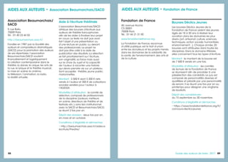 88 8989Guide des auteurs de livres - 2017
Fondation de France
40, avenue Hoche
CS 30001
75008 Paris
Tél. : 01 44 21 31 00
www.fondationdefrance.org
La Fondation de France, reconnue
d'utilité publique, est le trait d'union
entre les donateurs et les projets menés
dans les domaines de la solidarité, de
la santé, de l'environnement, des arts et
de la culture.
Bourses Déclics Jeunes
Les bourses Déclics Jeunes de la
Fondation de France aident des jeunes
âgés de 18 à 30 ans à réaliser leur
vocation dans les domaines les plus
divers (art, artisanat, culture, sciences,
techniques, action sociale, humanitaire,
environnement...). Chaque année, 20
bourses sont attribuées dans toutes les
disciplines. Dans le domaine littéraire,
elles concernent tous les types d’écriture.
Montant : le montant de la bourse est
de 7 600 € versés en une fois.
Modalités d'attribution : les comités
de lecture de la Fondation de France
se réunissent afin de procéder à une
présélection des candidats. Le jury est
composé de personnalités diverses et
qualifiées et présidé par une personnalité
de renom. Il se réunit une fois par an au
printemps pour désigner une vingtaine
de lauréats.
Dépôt des candidatures :
du 15 septembre au 30 novembre.
Conditions d’éligibilité et démarches :
• https://www.fondationdefrance.org/fr/
concours-declics-jeunes
AIDES AUX AUTEURS • Fondation de France
Association Beaumarchais/
SACD
9, rue Ballu
75009 Paris
Tél. : 01 40 23 44 55
http://beaumarchais.asso.fr/
Fondée en 1987 par la Société des
auteurs et compositeurs dramatiques
(SACD) pour la promotion des auteurs
de ses répertoires, l’association
Beaumarchais/SACD soutient
financièrement et logistiquement
la création contemporaine dans le
théâtre, la danse, le cirque, les arts de
la rue, le lyrique et le théâtre musical,
la mise en scène, le cinéma,
la télévision, l’animation, la radio,
la réalité virtuelle.
Aide à l'écriture théâtrale
L'association Beaumarchais/SACD
attribue des bourses d'écriture aux
auteurs de théâtre francophones
afin de les aider à finaliser leur projet
en cours. Le texte ne doit pas avoir
fait l’objet d’une présentation ou
d’une lecture en public ou devant
des professionnels. Le projet ne
doit pas être créé à la date de
publication des résultats. La sélection
se fait prioritairement sur l’écriture,
son originalité, sa force mais aussi
sur le choix du sujet et la capacité
de l’auteur à raconter une histoire
qui devra prendre vie sur un plateau.
Sont acceptés : théâtre, jeune public,
marionnettes.
Montant : 3 500 € dont 3 200 € nets
versés à l’auteur et 300 € de cotisations
sociales versées pour l’auteur à
l’AGESSA.
Modalités d’attribution : le comité de
sélection, composé de professionnels
de la discipline (auteurs, metteurs
en scène, directeurs de théâtre et de
festivals, etc.) sans lien institutionnel
avec la SACD et Beaumarchais/SACD,
se réunit 2 fois par an.
Dépôt des dossiers : deux fois par an,
en mars et en octobre.
Conditions d’éligibilité et démarches :
• http://beaumarchais.asso.fr/aides-a-
lecriture/theatre/
AIDES AUX AUTEURS • Association Beaumarchais/SACD
 