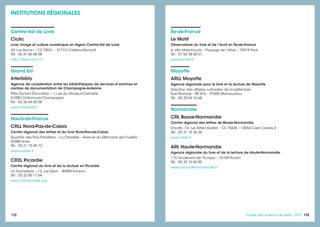 112 113113Guide des auteurs de livres - 2017
Île-de-France
Le Motif
Observatoire du livre et de l’écrit en Île-de-France
6, villa Marcel-Lods – Passage de l’Atlas – 75019 Paris
Tél. : 01 53 38 60 61
www.lemotif.fr
Mayotte
ARLL Mayotte
Agence régionale pour le livre et la lecture de Mayotte
Direction des affaires culturelles de la préfecture
Rue Mariazé – BP 676 – 97600 Mamoudzou
Tél. : 06 39 04 16 68
Normandie
CRL Basse-Normandie
Centre régional des lettres de Basse-Normandie
Unicité –14, rue Alfred Kastler – CS 75438 – 14054 Caen Cedex 4
Tél. : 02 31 15 36 36
www.crlbn.fr
ARL Haute-Normandie
Agence régionale du livre et de la lecture de Haute-Normandie
115, boulevard de l’Europe – 76100 Rouen
Tél. : 02 32 10 04 90
www.arl-haute-normandie.fr
Centre-Val de Loire
Ciclic
Livre, image et culture numérique en région Centre-Val de Loire
24, rue Renan – CS 70031 – 37110 Château-Renault
Tél. : 02 47 56 08 08
http://livre.ciclic.fr/
Grand Est
Interbibly
Agence de coopération entre les bibliothèques, les services d’archives et
centres de documentation de Champagne-Ardenne
Pôle Dunant Éducation – 1, rue du Docteur-Calmette
51000 Châlons-en-Champagne
Tél. : 03 26 65 02 08
www.interbibly.fr
Hauts-de-France
CRLL Nord-Pas-de-Calais
Centre régional des lettres et du livre Nord-Pas-de-Calais
Quartier des Trois Parallèles – La Citadelle – Avenue du Mémorial des Fusillés
62000 Arras
Tél. : 03 21 15 69 72
www.eulalie.fr
CR2L Picardie
Centre régional du livre et de la lecture en Picardie
La Graineterie – 12, rue Dijon – 80000 Amiens
Tél. : 03 22 80 17 64
www.cr2l-picardie.org
INSTITUTIONS RÉGIONALES
 