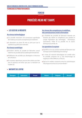 103
Guide des technologies de l’Industrie du Futur - Enjeux et panorama des solutions
Technologies de production avancées
PROCÉDÉS NEAR NET SHAPE
FICHE 50
ʝʝ Les clés de la réussite
Au niveau technologique
ʍʍ Ces procédés nécessitent une connaissance approfondie
desmatériauxetsouventuneexpertiseposttraitement.
ʍʍ Ils nécessitent une phase de mise au point pour que la
stabilitéetlaqualitésoientmaîtrisées.
Au niveau numérique
ʍʍ Simulation itérative du procédé de fabrication jusqu’à
l’obtentionduprocédéoptimalvalidéexpérimentalement.
ʍʍ Modélisation des procédés peu développée et méconnue
desutilisateurs.
ʍʍ De nouveaux algorithmes pourront être utilisés aussi bien
pour le processus de finition que pour la réalisation de
modèles3D.
Au niveau des compétences à mobiliser,
des connaissances et de la formation
ʍʍ La flexibilité des procédés de fabrication nécessite une
évolution des métiers et compétences pour prendre en
compte l’hybridation des technologies : informatique,
automatisme, métier lié au procédé mis en œuvre,
techniquesdecontrôle,etc.
Les questions à se poser
ʍʍ Quel ROI vis-à-vis du coût des machines de fabrication near
netshapecommeledebindingetlesintering?
ʍʍ Le niveau de maturité technologique est variable selon
les procédés (moyenne de 7), mais thixomoulage du
magnésium,HIPetMIMontunTRLde9.
ʍʍ Quel est le meilleur compromis entre les caractéristiques
mécaniquesetlatenueàlacorrosionélevée?
ʝʝ Maturité de l’offre
Émergent Laboratoire Prouvé Mature Fréquent Pervasif
 