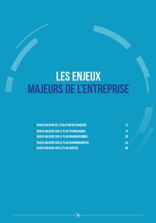 LES ENJEUX
MAJEURS DE L’ENTREPRISE
ʝʝEnjeux majeurs de l’évolution des marchés	 12
ʝʝEnjeux majeurs sur le plan technologique	 14
ʝʝEnjeux majeurs sur le plan organisationnel	 29
ʝʝEnjeux majeurs sur le plan environnemental	 34
ʝʝEnjeux majeurs sur le plan sociétal	 40
10
 