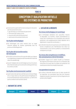 136
Guide des technologies de l’Industrie du Futur - Enjeux et panorama des solutions
Usines et lignes/îlots connectés, pilotés et optimisés
CONCEPTION ET QUALIFICATION VIRTUELLE
DES SYSTÈMES DE PRODUCTION
FICHE 15
ʍʍ Concernantlesaspectsdeformationpratiqueeninteraction
avecl’environnementvirtuel:
 gaindetempssurlaformationdupersonnel;
 diminutiondesrisquessursite;
 assurancedelasécuritédupersonnel;
 optimisationdelaproductivitédusite.
Sur le plan technologique
ʍʍ Ces technologies sont assez matures pour un usage
industriel déployé de manière systématisée dans les
processusdedéveloppement.
Sur le plan de la transformation
de l’entreprise
ʍʍ Formationcontinuedetouslescorpsdemétier,quis’appuie
surladigitalisationprogressivedel’ensembledelachainede
valeurdumanufacturing.
ʍʍ Garantir l’adoption de ces technologies par tous les acteurs
delachaînedevaleurparlacontinuiténumériqueentretous
lescontenusvirtuels.
Sur le plan environnemental, sociétal
ʍʍ L’optimisationdesopérationsdefabricationetd’assemblage
ont un impact direct sur les performances énergétiques et
environnementalesdesoutilsdeproduction,aumêmetitre
quelesconditionsdetravaildessalariés.
ʝʝ Les clés de la réussite
Au niveau technologique et numérique
ʍʍ Les technologies (hardware) sont aujourd’hui matures
et disponibles. Les barrières, situées essentiellement au
niveau de la numérisation et la virtualisation des outils de
production, sont progressivement levées (adoption de la
digitalisation,moyensdenumérisation…).
ʍʍ Lesclésdelaréussitesetrouventainsisurlamobilisationdes
bonnes compétences avec l’identification d’un retour sur
investissement à court terme justifiant un investissement
conséquentsurlesujet.
Au niveau des compétences à mobiliser,
des connaissances et de la formation
ʍʍ Considérer l’apport de la réalité virtuelle sur l’évolution
des logiciels de formation d’une part et sur l’évolution des
instructions de travail dans les ateliers de production, de
maintenanceetdanslesentrepôtsd’autrepart.
Les questions à se poser
ʍʍ Les acteurs industriels doivent saisir la valeur ajoutée de
ces approches, qui permettent dans bien des situations
d’apporterdesgainsimportantsentermesd’ergonomie,de
productivitéetd’agilité.
ʝʝ Maturité de l’offre
Émergent Laboratoire Prouvé Mature Fréquent Pervasif
 