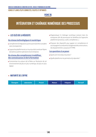148
Guide des technologies de l’Industrie du Futur - Enjeux et panorama des solutions
Usines et lignes/îlots connectés, pilotés et optimisés
FICHE 35
INTÉGRATION ET CHAÎNAGE NUMÉRIQUE DES PROCESSUS
ʝʝ Les clés de la réussite
Au niveau technologique et numérique
ʍʍ L’empilementd’intégrationspointàpointdoitêtreconsidéré
aveccirconspection.
ʍʍ L’approcheplateformeestunmustquidoitconstituerl’épine
dorsaledusystèmeopératoired’uneentreprise.
Au niveau des compétences à mobiliser,
des connaissances et de la formation
ʍʍ Conscientiser les acteurs de la filière sur l’évolution de cet
environnement de plus en plus numérique, de plus en plus
digital.
ʍʍ Diagnostiquer le chaînage numérique existant dans les
entreprises afin de promouvoir les bénéfices de l’approche
plateforme(processus,outils,compétences…).
ʍʍ Proposer des dispositifs pour gagner en compétences et
accompagnerlaconduiteduchangementdesconstructeurs,
deséquipementiers,jusqu’auxETI-PME.
Les questions à se poser
ʍʍ Quelssontmesenjeuxbusiness?
ʍʍ Quelleplateformemepermettrad’yrépondre?
ʝʝ Maturité de l’offre
Émergent Laboratoire Prouvé Mature Fréquent Pervasif
 