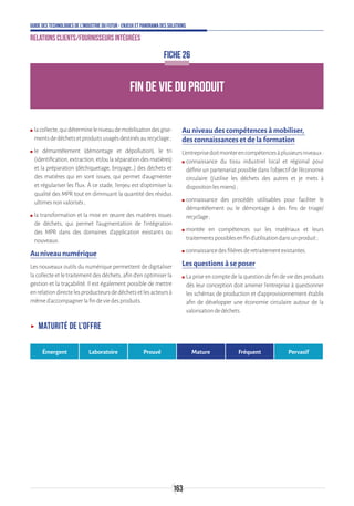 163
Guide des technologies de l’Industrie du Futur - Enjeux et panorama des solutions
Relations clients/fournisseurs intégrées
FICHE 26
FIN DE VIE DU PRODUIT
ʍʍ lacollecte,quidétermineleniveaudemobilisationdesgise-
mentsdedéchetsetproduitsusagésdestinésaurecyclage;
ʍʍ le démantèlement (démontage et dépollution), le tri
(identification,extraction,et/oulaséparationdesmatières)
et la préparation (déchiquetage, broyage…) des déchets et
des matières qui en sont issues, qui permet d’augmenter
et régulariser les flux. À ce stade, l’enjeu est d’optimiser la
qualité des MPR tout en diminuant la quantité des résidus
ultimesnonvalorisés;
ʍʍ la transformation et la mise en œuvre des matières issues
de déchets, qui permet l’augmentation de l’intégration
des MPR dans des domaines d’application existants ou
nouveaux.
Au niveau numérique
Les nouveaux outils du numérique permettent de digitaliser
la collecte et le traitement des déchets, afin d’en optimiser la
gestion et la traçabilité. Il est également possible de mettre
enrelationdirectelesproducteursdedéchetsetlesacteursà
mêmed’accompagnerlafindeviedesproduits.
Au niveau des compétences à mobiliser,
des connaissances et de la formation
L’entreprisedoitmonterencompétencesàplusieursniveaux :
ʍʍ connaissance du tissu industriel local et régional pour
définir un partenariat possible dans l’objectif de l’économie
circulaire (j’utilise les déchets des autres et je mets à
dispositionlesmiens);
ʍʍ connaissance des procédés utilisables pour faciliter le
démantèlement ou le démontage à des fins de triage/
recyclage;
ʍʍ montée en compétences sur les matériaux et leurs
traitementspossiblesenfind’utilisationdansunproduit;
ʍʍ connaissancedesfilièresderetraitementexistantes.
Les questions à se poser
ʍʍ La prise en compte de la question de fin de vie des produits
dès leur conception doit amener l’entreprise à questionner
les schémas de production et d’approvisionnement établis
afin de développer une économie circulaire autour de la
valorisationdedéchets.
ʝʝ Maturité de l’offre
Émergent Laboratoire Prouvé Mature Fréquent Pervasif
 