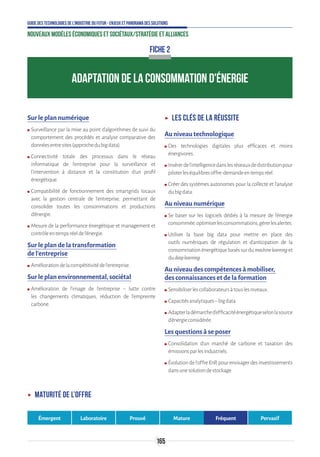 165
Guide des technologies de l’Industrie du Futur - Enjeux et panorama des solutions
Nouveaux modèles économiques et sociétaux/Stratégie et alliances
Sur le plan numérique
ʍʍ Surveillance par la mise au point d’algorithmes de suivi du
comportement des procédés et analyse comparative des
donnéesentresites(approchedubigdata).
ʍʍ Connectivité totale des processus dans le réseau
informatique de l’entreprise pour la surveillance et
l’intervention à distance et la constitution d’un profil
énergétique.
ʍʍ Compatibilité de fonctionnement des smartgrids locaux
avec la gestion centrale de l’entreprise, permettant de
consolider toutes les consommations et productions
d’énergie.
ʍʍ Mesure de la performance énergétique et management et
contrôleentempsréeldel’énergie.
Sur le plan de la transformation
de l’entreprise
ʍʍ Améliorationdelacompétitivitédel’entreprise.
Sur le plan environnemental, sociétal
ʍʍ Amélioration de l’image de l’entreprise – lutte contre
les changements climatiques, réduction de l’empreinte
carbone.
ʝʝ Les clés de la réussite
Au niveau technologique
ʍʍ Des technologies digitales plus efficaces et moins
énergivores.
ʍʍ Insérerdel’intelligencedanslesréseauxdedistributionpour
piloterleséquilibresoffre-demandeentempsréel.
ʍʍ Créer des systèmes autonomes pour la collecte et l’analyse
dubigdata.
Au niveau numérique
ʍʍ Se baser sur les logiciels dédiés à la mesure de l’énergie
consommée,optimiserlesconsommations,gérerlesalertes.
ʍʍ Utiliser la base big data pour mettre en place des
outils numériques de régulation et d’anticipation de la
consommationénergétiquebaséssurdumachinelearninget
dudeeplearning.
Au niveau des compétences à mobiliser,
des connaissances et de la formation
ʍʍ Sensibiliserlescollaborateursàtouslesniveaux.
ʍʍ Capacitésanalytiques–bigdata.
ʍʍ Adapterladémarched’efficacitéénergétiqueselonlasource
d’énergieconsidérée.
Les questions à se poser
ʍʍ Consolidation d’un marché de carbone et taxation des
émissionsparlesindustriels.
ʍʍ Évolution de l’offre EnR pour envisager des investissements
dansunesolutiondestockage.
FICHE 2
ADAPTATION DE LA CONSOMMATION D'ÉNERGIE
ʝʝ Maturité de l’offre
Émergent Laboratoire Prouvé Mature Fréquent Pervasif
 