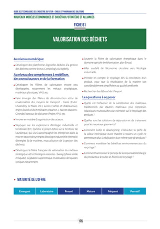 176
Guide des technologies de l’Industrie du Futur - Enjeux et panorama des solutions
Nouveaux modèles économiques et sociétaux/Stratégie et alliances
Au niveau numérique
ʍʍ Développer des plateformes logicielles dédiées à la gestion
desdéchetscommeEnevo,CompologyouBigBelly.
Au niveau des compétences à mobiliser,
des connaissances et de la formation
ʍʍ Développer les filières de valorisation encore peu
développées, notamment les métaux stratégiques,
matériauxplastiques,VHU,etc.
ʍʍ Faire émerger des filières de déconstruction et/ou de
revalorisation des moyens de transport : trains (Culoz,
Chalindrey, Le Mans, etc.), avions (Tarbes et Châteauroux),
enginslourdscivilsetmilitaires(Roanne…),navires(Bassens-
Gironde),bateauxdeplaisance(ProjetAPV),etc.
ʍʍ Innoverenmatièred’organisationdesacteurs.
ʍʍ S’appuyer sur les expériences d’écologie industrielle et
territoriale (EIT) comme le projet Acteis sur le territoire de
Dunkerque, qui vise à accompagner les entreprises dans la
miseenœuvredesynergiesd'écologieindustrielle(réemploi
d'énergies  de matières, mutualisation de la gestion des
déchets).
ʍʍ Développer la filière française de valorisation des métaux
stratégiquesettechnologiesassociées:fuming(phasesolide
et liquide), oxydation supercritique et utilisation de liquides
ioniquesnotamment.
ʍʍ Soutenir la filière de valorisation énergétique dans le
domaineagricole(méthanisation,planEmaa).
ʍʍ Aller au-delà de l’économie circulaire vers l’écologie
industrielle.
ʍʍ Prendre en compte le recyclage dès la conception d’un
produit, pour que la réutilisation de la matière soit
considérablementsimplifiéeetsaqualitéaméliorée.
ʍʍ Rechercherdesdébouchésàl’export.
Les questions à se poser
ʍʍ Quelle est l’influence de la substitution des matériaux
traditionnels par d’autres matériaux plus complexes
(plastiques multicouches par exemple) sur le recyclage des
produits?
ʍʍ Quelles sont les solutions de séparation et de traitement
pourlesnouveauxgisements?
ʍʍ Comment éviter le downcycling, c’est-à-dire la perte de
la valeur intrinsèque d’une matière à travers un cycle ne
permettantpluslaréalisationd’unmêmetypedeproduits?
ʍʍ Comment monétiser les bénéfices environnementaux du
recyclage?
ʍʍ Commentharmoniserleprincipedelaresponsabilitéélargie
duproducteuràtouteslesfilièresderecyclage?
FICHE 61
VALORISATION DES DÉCHETS
ʝʝ Maturité de l’offre
Émergent Laboratoire Prouvé Mature Fréquent Pervasif
 