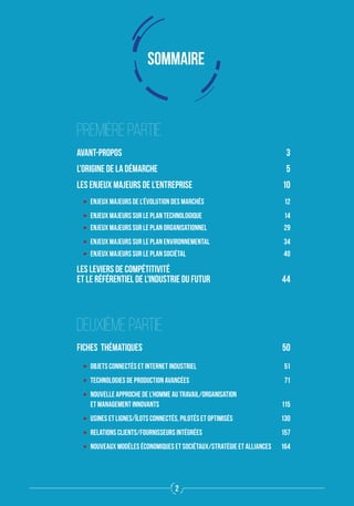 SOMMAIRE
PREMIÈRE PARTIE
Avant-Propos	3
L’origine de la démarche	 5
Les enjeux majeurs de l’entreprise	 10
ʝʝ Enjeux majeurs de l’évolution des marchés	 12
ʝʝ Enjeux majeurs sur le plan technologique	 14
ʝʝ Enjeux majeurs sur le plan organisationnel	 29
ʝʝ Enjeux majeurs sur le plan environnemental	 34
ʝʝ Enjeux majeurs sur le plan sociétal	 40
Les leviers de compétitivité
et le référentiel de l'Industrie du Futur	 44
DEUXIÈME PARTIE
fiches thématiques	 50
ʝʝ Objets connectés et Internet industriel	 51
ʝʝ Technologies de production avancées	 71
ʝʝ Nouvelle approche de l'homme au travail/Organisation
et management innovants	 115
ʝʝ Usines et lignes/îlots connectés, pilotés et optimisés	 130
ʝʝ Relations clients/fournisseurs intégrées	 157
ʝʝ Nouveaux modèles économiques et sociétaux/Stratégie et alliances	 164
2
 