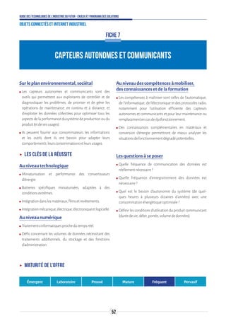 52
Guide des technologies de l’Industrie du Futur - Enjeux et panorama des solutions
Objets connectés et Internet industriel
FICHE 7
CAPTEURS AUTONOMES ET COMMUNICANTS
Sur le plan environnemental, sociétal
ʍʍ Les capteurs autonomes et communicants sont des
outils qui permettent aux exploitants de contrôler et de
diagnostiquer les problèmes, de prioriser et de gérer les
opérations de maintenance, en continu et à distance, et
d’exploiter les données collectées pour optimiser tous les
aspectsdelaperformancedusystèmedeproductionoudu
produit(etdesesusages).
ʍʍ Ils peuvent fournir aux consommateurs les informations
et les outils dont ils ont besoin pour adapter leurs
comportements,leursconsommationsetleursusages.
ʝʝ Les clés de la réussite
Au niveau technologique
ʍʍ Miniaturisation et performance des convertisseurs
d’énergie.
ʍʍ Batteries spécifiques miniaturisées, adaptées à des
conditionsextrêmes.
ʍʍ Intégrationdanslesmatériaux,filmsetrevêtements.
ʍʍ Intégrationmécanique,électrique,électroniqueetlogicielle.
Au niveau numérique
ʍʍ Traitementsinformatiquesprochedutempsréel.
ʍʍ Défis concernant les volumes de données nécessitant des
traitements additionnels, du stockage et des fonctions
d’administration.
Au niveau des compétences à mobiliser,
des connaissances et de la formation
ʍʍ Les compétences à maîtriser sont celles de l’automatique,
de l’informatique, de l’électronique et des protocoles radio,
notamment pour l’utilisation efficiente des capteurs
autonomes et communicants et pour leur maintenance ou
remplacementencasdedysfonctionnement.
ʍʍ Des connaissances complémentaires en matériaux et
conversion d’énergie permettront de mieux analyser les
situationsdefonctionnementdégradépotentielles.
Les questions à se poser
ʍʍ Quelle fréquence de communication des données est
réellementnécessaire?
ʍʍ Quelle fréquence d’enregistrement des données est
nécessaire ?
ʍʍ Quel est le besoin d’autonomie du système (de quel-
ques heures à plusieurs dizaines d’années) avec une
consommation énergétique optimisée ?
ʍʍ Définir les conditions d’utilisation du produit communicant
(duréedevie,débit,portée,volumededonnées).
ʝʝ Maturité de l’offre
Émergent Laboratoire Prouvé Mature Fréquent Pervasif
 