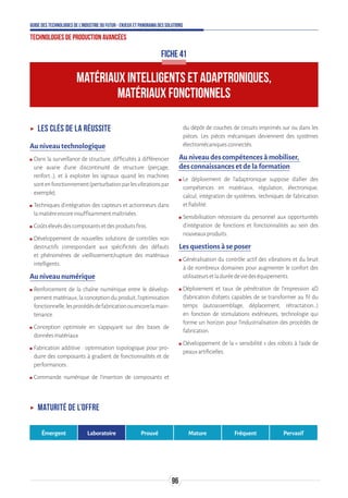 96
Guide des technologies de l’Industrie du Futur - Enjeux et panorama des solutions
Technologies de production avancées
ʝʝ Les clés de la réussite
Au niveau technologique
ʍʍ Dans la surveillance de structure, difficultés à différencier
une avarie d’une discontinuité de structure (perçage,
renfort…), et à exploiter les signaux quand les machines
sontenfonctionnement(perturbationparlesvibrationspar
exemple).
ʍʍ Techniques d’intégration des capteurs et actionneurs dans
lamatièreencoreinsuffisammentmaîtrisées.
ʍʍ Coûtsélevésdescomposantsetdesproduitsfinis.
ʍʍ Développement de nouvelles solutions de contrôles non
destructifs correspondant aux spécificités des défauts
et phénomènes de vieillissement/rupture des matériaux
intelligents.
Au niveau numérique
ʍʍ Renforcement de la chaîne numérique entre le dévelop-
pementmatériaux,laconceptionduproduit,l’optimisation
fonctionnelle,lesprocédésdefabricationouencorelamain-
tenance.
ʍʍ Conception optimisée en s’appuyant sur des bases de
donnéesmatériaux
ʍʍ Fabrication additive : optimisation topologique pour pro-
duire des composants à gradient de fonctionnalités et de
performances.
ʍʍ Commande numérique de l’insertion de composants et
du dépôt de couches de circuits imprimés sur ou dans les
pièces. Les pièces mécaniques deviennent des systèmes
électromécaniquesconnectés.
Au niveau des compétences à mobiliser,
des connaissances et de la formation
ʍʍ Le déploiement de l’adaptronique suppose d’allier des
compétences en matériaux, régulation, électronique,
calcul, intégration de systèmes, techniques de fabrication
etfiabilité.
ʍʍ Sensibilisation nécessaire du personnel aux opportunités
d’intégration de fonctions et fonctionnalités au sein des
nouveauxproduits.
Les questions à se poser
ʍʍ Généralisation du contrôle actif des vibrations et du bruit
à de nombreux domaines pour augmenter le confort des
utilisateursetladuréedeviedeséquipements.
ʍʍ Déploiement et taux de pénétration de l’impression 4D
(fabrication d’objets capables de se transformer au fil du
temps (autoassemblage, déplacement, rétractation…)
en fonction de stimulations extérieures, technologie qui
forme un horizon pour l’industrialisation des procédés de
fabrication.
ʍʍ Développement de la « sensibilité » des robots à l’aide de
peauxartificielles.
MATÉRIAUX INTELLIGENTS ET ADAPTRONIQUES,
MATÉRIAUX FONCTIONNELS
FICHE 41
ʝʝ Maturité de l’offre
Émergent Laboratoire Prouvé Mature Fréquent Pervasif
 