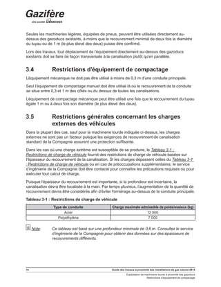 14 Guide des travaux à proximité des installations de gaz naturel 2013
Exploitation de machinerie lourde à proximité des gazoducs
Restrictions d’équipement de compactage
Seules les machineries légères, équipées de pneus, peuvent être utilisées directement au-
dessus des gazoducs existants, à moins que le recouvrement minimal de deux fois le diamètre
du tuyau ou de 1 m (le plus élevé des deux) puisse être confirmé.
Lors des travaux, tout déplacement de l’équipement directement au-dessus des gazoducs
existants doit se faire de façon transversale à la canalisation plutôt qu’en parallèle.
3.4	 Restrictions d’équipement de compactage
L’équipement mécanique ne doit pas être utilisé à moins de 0,3 m d’une conduite principale.
Seul l’équipement de compactage manuel doit être utilisé là où le recouvrement de la conduite
se situe entre 0,3 et 1 m des côtés ou du dessus de toutes les canalisations.
L’équipement de compactage mécanique peut être utilisé une fois que le recouvrement du tuyau
égale 1 m ou à deux fois son diamètre (le plus élevé des deux).
3.5	 Restrictions générales concernant les charges
externes des véhicules
Dans la plupart des cas, sauf pour la machinerie lourde indiquée ci-dessus, les charges
externes ne sont pas un facteur puisque les exigences de recouvrement de canalisation
standard de la Compagnie assurent une protection suffisante.
Dans les cas où une charge extrême est susceptible de se produire, le Tableau 3-1 :
Restrictions de charge de véhicule fournit des restrictions de charge de véhicule basées sur
l’épaisseur du recouvrement de la canalisation. Si les charges dépassent celles du Tableau 3-1
: Restrictions de charge de véhicule ou en cas de préoccupations supplémentaires, le service
d’ingénierie de la Compagnie doit être contacté pour connaître les précautions requises ou pour
exécuter tout calcul de charge.
Puisque l’épaisseur du recouvrement est importante, si la profondeur est incertaine, la
canalisation devra être localisée à la main. Par temps pluvieux, l’augmentation de la quantité de
recouvrement devra être considérée afin d’éviter l’orniérage au-dessus de la conduite principale.
Tableau 3-1 : Restrictions de charge de véhicule
Type de conduite Charge maximale admissible de poids/essieux (kg)
Acier 12 000
Polyéthylène 7 000
Note:	Ce tableau est basé sur une profondeur minimale de 0,6 m. Consultez le service
d’ingénierie de la Compagnie pour obtenir des données sur des épaisseurs de
recouvrements différents.
 