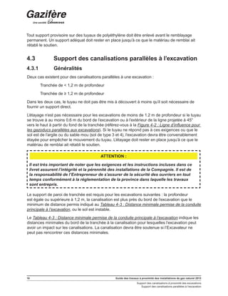 18 Guide des travaux à proximité des installations de gaz naturel 2013
Support des canalisations à proximité des excavations
Support des canalisations parallèles à l’excavation
Tout support provisoire sur des tuyaux de polyéthylène doit être enlevé avant le remblayage
permanent. Un support adéquat doit rester en place jusqu’à ce que le matériau de remblai ait
rétabli le soutien.
4.3	 Support des canalisations parallèles à l’excavation
4.3.1	 Généralités
Deux cas existent pour des canalisations parallèles à une excavation :
	 Tranchée de  1,2 m de profondeur
	 Tranchée de ≥ 1,2 m de profondeur
Dans les deux cas, le tuyau ne doit pas être mis à découvert à moins qu’il soit nécessaire de
fournir un support direct.
L’étayage n’est pas nécessaire pour les excavations de moins de 1.2 m de profondeur si le tuyau
se trouve à au moins 0.6 m du bord de l’excavation ou à l’extérieur de la ligne projetée à 45°
vers le haut à partir du fond de la tranchée (référez-vous à la Figure 4-2 : Ligne d’influence pour
les gazoducs parallèles aux excavations). Si le tuyau ne répond pas à ces exigences ou que le
sol est de l’argile ou du sable mou (sol de type 3 et 4), l’excavation devra être convenablement
étayée pour empêcher le mouvement du tuyau. L’étayage doit rester en place jusqu’à ce que le
matériau de remblai ait rétabli le soutien.
ATTENTION :
Il est très important de noter que les exigences et les instructions incluses dans ce
livret assurent l’intégrité et la pérennité des installations de la Compagnie. Il est de
la responsabilité de l’Entrepreneur de s’assurer de la sécurité des ouvriers en tout
temps conformément à la réglementation de la province dans laquelle les travaux
sont entrepris.
Le support de paroi de tranchée est requis pour les excavations suivantes : la profondeur
est égale ou supérieure à 1,2 m, la canalisation est plus près du bord de l’excavation que le
minimum de distance permis indiqué au Tableau 4-3 : Distance minimale permise de la conduite
principale à l’excavation, ou le sol est instable.
Le Tableau 4-3 : Distance minimale permise de la conduite principale à l’excavation indique les
distances minimales du bord de la tranchée à la canalisation pour lesquelles l’excavation peut
avoir un impact sur les canalisations. La canalisation devra être soutenue si l’Excavateur ne
peut pas rencontrer ces distances minimales.
 