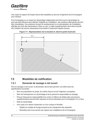 24 Guide des travaux à proximité des installations de gaz naturel 2013
Exigences relatives au dynamitage
Modalités de notification
Une copie du rapport de l’expert devra être expédiée au service d’ingénierie de la Compagnie
pour révision.
Si la Compagnie ou un expert en dynamitage indépendant est d’avis que le dynamitage ne
peut pas être effectué sans affecter l’intégrité de l’installation, des solutions alternatives devront
être considérées. Ces solutions incluent le remplacement ou la relocalisation de l’installation
affectée aux frais des demandeurs. Dans ce cas, un délai supplémentaire devra être accordé
afin d’obtenir les permis nécessaires et procéder à l’exécution desdits travaux.
Figure 7-1 : Représentation de la situation 8, étant la partie hachurée
10 m
x
d
d =
1
2
x
7.2	 Modalités de notification
7.2.1	 Demande de sautage à ciel ouvert
Pour le sautage à ciel ouvert, le demandeur devra faire parvenir une lettre avec les
spécifications suivantes :
•	 Nom du propriétaire du projet, du maître d’œuvre et de l’ingénieur concepteur.
•	 Nom de l’entrepreneur en dynamitage et de la personne responsable du sautage.
•	 Preuve d’assurance responsabilité d’au moins 2 millions de dollars (des assurances
supplémentaires peuvent être requises et seront précisées par la Compagnie s’il y a lieu).
•	 Date du dynamitage.
•	 Une copie d’un dessin d’exécution ou d’un croquis à l’échelle :
-- Détails du modèle de forage proposé et du chargement des explosifs.
-- Diamètres des trous percés par rapport aux installations de la Compagnie.
 
