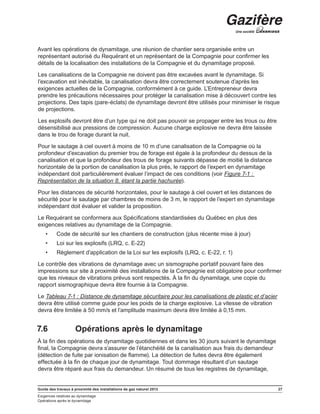 Guide des travaux à proximité des installations de gaz naturel 2013 27
Exigences relatives au dynamitage
Opérations après le dynamitage
Avant les opérations de dynamitage, une réunion de chantier sera organisée entre un
représentant autorisé du Requérant et un représentant de la Compagnie pour confirmer les
détails de la localisation des installations de la Compagnie et du dynamitage proposé.
Les canalisations de la Compagnie ne doivent pas être excavées avant le dynamitage. Si
l’excavation est inévitable, la canalisation devra être correctement soutenue d’après les
exigences actuelles de la Compagnie, conformément à ce guide. L’Entrepreneur devra
prendre les précautions nécessaires pour protéger la canalisation mise à découvert contre les
projections. Des tapis (pare-éclats) de dynamitage devront être utilisés pour minimiser le risque
de projections.
Les explosifs devront être d’un type qui ne doit pas pouvoir se propager entre les trous ou être
désensibilisé aux pressions de compression. Aucune charge explosive ne devra être laissée
dans le trou de forage durant la nuit.
Pour le sautage à ciel ouvert à moins de 10 m d’une canalisation de la Compagnie où la
profondeur d’excavation du premier trou de forage est égale à la profondeur du dessus de la
canalisation et que la profondeur des trous de forage suivants dépasse de moitié la distance
horizontale de la portion de canalisation la plus près, le rapport de l’expert en dynamitage
indépendant doit particulièrement évaluer l’impact de ces conditions (voir Figure 7-1 :
Représentation de la situation 8, étant la partie hachurée).
Pour les distances de sécurité horizontales, pour le sautage à ciel ouvert et les distances de
sécurité pour le sautage par chambres de moins de 3 m, le rapport de l’expert en dynamitage
indépendant doit évaluer et valider la proposition.
Le Requérant se conformera aux Spécifications standardisées du Québec en plus des
exigences relatives au dynamitage de la Compagnie.
•	 Code de sécurité sur les chantiers de construction (plus récente mise à jour)
•	 Loi sur les explosifs (LRQ, c. E-22)
•	 Règlement d’application de la Loi sur les explosifs (LRQ, c. E-22, r. 1)
Le contrôle des vibrations de dynamitage avec un sismographe portatif pouvant faire des
impressions sur site à proximité des installations de la Compagnie est obligatoire pour confirmer
que les niveaux de vibrations prévus sont respectés. À la fin du dynamitage, une copie du
rapport sismographique devra être fournie à la Compagnie.
Le Tableau 7-1 : Distance de dynamitage sécuritaire pour les canalisations de plastic et d’acier
devra être utilisé comme guide pour les poids de la charge explosive. La vitesse de vibration
devra être limitée à 50 mm/s et l’amplitude maximum devra être limitée à 0,15 mm.
7.6	 Opérations après le dynamitage
À la fin des opérations de dynamitage quotidiennes et dans les 30 jours suivant le dynamitage
final, la Compagnie devra s’assurer de l’étanchéité de la canalisation aux frais du demandeur
(détection de fuite par ionisation de flamme). La détection de fuites devra être également
effectuée à la fin de chaque jour de dynamitage. Tout dommage résultant d’un sautage
devra être réparé aux frais du demandeur. Un résumé de tous les registres de dynamitage,
 