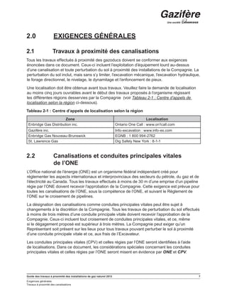 Guide des travaux à proximité des installations de gaz naturel 2013 7
Exigences générales
Travaux à proximité des canalisations
2.0	 EXIGENCES GÉNÉRALES
2.1	 Travaux à proximité des canalisations
Tous les travaux effectués à proximité des gazoducs doivent se conformer aux exigences
énoncées dans ce document. Ceux-ci incluent l’exploitation d’équipement lourd au-dessus
d’une canalisation et toute perturbation du sol à proximité des installations de la Compagnie. La
perturbation du sol inclut, mais sans s’y limiter, l’excavation mécanique, l’excavation hydraulique,
le forage directionnel, le nivelage, le dynamitage et l’enfoncement de pieux.
Une localisation doit être obtenue avant tous travaux. Veuillez faire la demande de localisation
au moins cinq jours ouvrables avant le début des travaux proposés à l’organisme régissant
les différentes régions desservies par la Compagnie (voir Tableau 2-1 : Centre d’appels de
localisation selon la région ci-dessous).
Tableau 2-1 : Centre d’appels de localisation selon la région
Zone Localisation
Enbridge Gas Distribution inc. Ontario One Call : www.on1call.com
Gazifère inc. Info-excavation : www.info-ex.com
Enbridge Gas Nouveau-Brunswick EGNB : 1 800 994-2762
St. Lawrence Gas Dig Safely New York : 8-1-1
2.2	 Canalisations et conduites principales vitales
de l’ONE
L’Office national de l’énergie (ONE) est un organisme fédéral indépendant créé pour
réglementer les aspects internationaux et interprovinciaux des secteurs du pétrole, du gaz et de
l’électricité au Canada. Tous les travaux effectués à moins de 30 m d’une emprise d’un pipeline
régie par l’ONE doivent recevoir l’approbation de la Compagnie. Cette exigence est prévue pour
toutes les canalisations de l’ONE, sous la compétence de l’ONE, et suivant le Règlement de
l’ONE sur le croisement de pipelines.
La désignation des canalisations comme conduites principales vitales peut être sujet à
changements à la discrétion de la Compagnie. Tous les travaux de perturbation du sol effectués
à moins de trois mètres d’une conduite principale vitale doivent recevoir l’approbation de la
Compagnie. Ceux-ci incluent tout croisement de conduites principales vitales, et ce, même
si le dégagement proposé est supérieur à trois mètres. La Compagnie peut exiger qu’un
Représentant soit présent sur les lieux pour tous travaux pouvant perturber le sol à proximité
d’une conduite principale vitale et ce, aux frais de l’Excavateur.
Les conduites principales vitales (CPV) et celles régies par l’ONE seront identifiées à l’aide
de localisations. Dans ce document, les considérations spéciales concernant les conduites
principales vitales et celles régies par l’ONE seront misent en évidence par ONE et CPV.
 