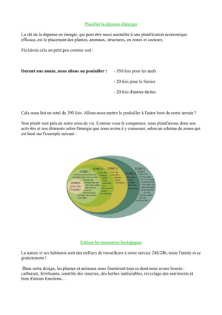 Planifier la dépense d'énergie
La clé de la dépense en énergie, qui peut être aussi assimilée à une planification économique
efficace, est le placement des plantes, animaux, structures, en zones et secteurs.
J'éclaircis cela un petit peu comme suit :
Durant une année, nous allons au poulailler : - 350 fois pour les œufs
- 20 fois pour le fumier
- 20 fois d'autres tâches
Cela nous fait un total de 390 fois. Allons nous mettre le poulailler à l'autre bout de notre terrain ?
Non plutôt tout près de notre zone de vie. Comme vous le comprenez, nous planifierons donc nos
activités et nos éléments selon l'énergie que nous avons à y consacrer, selon un schéma de zones qui
est basé sur l'exemple suivant :
Utiliser les ressources biologiques
La nature et ses habitants sont des milliers de travailleurs à notre service 24h/24h, toute l'année et ce
gratuitement !
Dans notre design, les plantes et animaux nous fourniront tous ce dont nous avons besoin :
carburant, fertilisants, contrôle des insectes, des herbes indésirables, recyclage des nutriments et
bien d'autres fonctions...
 