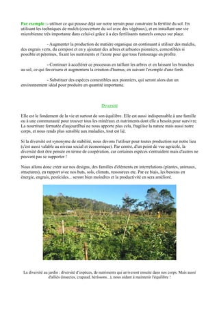 Par exemple :- utiliser ce qui pousse déjà sur notre terrain pour construire la fertilité du sol. En
utilisant les techniques de mulch (couverture du sol avec des végétaux), et en installant une vie
microbienne très importante dans celui-ci grâce à a des fertilisants naturels conçus sur place.
- Augmenter la production de matière organique en continuant à utiliser des mulchs,
des engrais verts, du compost et en y ajoutant des arbres et arbustes pionniers, comestibles si
possible et pérennes, fixant les nutriments et l'azote pour que tous l'entourage en profite.
- Continuer à accélérer ce processus en taillant les arbres et en laissant les branches
au sol, ce qui favorisera et augmentera la création d'humus, en suivant l'exemple d'une forêt.
- Substituer des espèces comestibles aux pionniers, qui seront alors dan un
environnement idéal pour produire en quantité importante.
Diversité
Elle est le fondement de la vie et surtout de son équilibre. Elle est aussi indispensable à une famille
ou à une communauté pour trouver tous les minéraux et nutriments dont elle a besoin pour survivre.
La nourriture formatée d'aujourd'hui ne nous apporte plus cela, fragilise la nature mais aussi notre
corps, et nous rends plus sensible aux maladies, tout est lié.
Si la diversité est synonyme de stabilité, nous devons l'utiliser pour toutes production sur notre lieu
(c'est aussi valable au niveau social et économique). Par contre, d'un point de vue agricole, la
diversité doit être pensée en terme de coopération, car certaines espèces s'entraident mais d'autres ne
peuvent pas se supporter !
Nous allons donc créer sur nos designs, des familles d'éléments en interrelations (plantes, animaux,
structures), en rapport avec nos buts, sols, climats, ressources etc. Par ce biais, les besoins en
énergie, engrais, pesticides... seront bien moindres et la productivité en sera amélioré.
La diversité au jardin : diversité d’espèces, de nutriments qui arriveront ensuite dans nos corps. Mais aussi
d'alliés (insectes, crapaud, hérissons...), nous aidant à maintenir l'équilibre !
 
