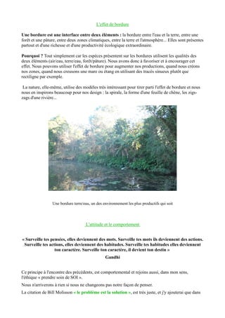 L'effet de bordure
Une bordure est une interface entre deux éléments : la bordure entre l'eau et la terre, entre une
forêt et une pâture, entre deux zones climatiques, entre la terre et l'atmosphère... Elles sont présentes
partout et d'une richesse et d'une productivité écologique extraordinaire.
Pourquoi ? Tout simplement car les espèces présentent sur les bordures utilisent les qualités des
deux éléments (air/eau, terre/eau, forêt/pâture). Nous avons donc à favoriser et à encourager cet
effet. Nous pouvons utiliser l'effet de bordure pour augmenter nos productions, quand nous créons
nos zones, quand nous creusons une mare ou étang en utilisant des tracés sinueux plutôt que
rectiligne par exemple.
La nature, elle-même, utilise des modèles très intéressant pour tirer parti l'effet de bordure et nous
nous en inspirons beaucoup pour nos design : la spirale, la forme d'une feuille de chêne, les zigs-
zags d'une rivière...
Une bordure terre/eau, un des environnement les plus productifs qui soit
L'attitude et le comportement
« Surveille tes pensées, elles deviennent des mots. Surveille tes mots ils deviennent des actions.
Surveille tes actions, elles deviennent des habitudes. Surveille tes habitudes elles deviennent
ton caractère. Surveille ton caractère, il devient ton destin »
Gandhi
Ce principe à l'encontre des précédents, est comportemental et rejoins aussi, dans mon sens,
l'éthique « prendre soin de SOI ».
Nous n'arriverons à rien si nous ne changeons pas notre façon de penser.
La citation de Bill Molisson « le problème est la solution », est très juste, et j'y ajouterai que dans
 