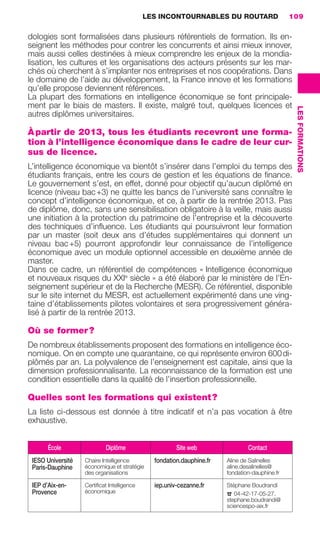 LES INCONTOURNABLES DU ROUTARD                    109

                     dologies sont formalisées dans plusieurs référentiels de formation. Ils en-
                     seignent les méthodes pour contrer les concurrents et ainsi mieux innover,
                     mais aussi celles destinées à mieux comprendre les enjeux de la mondia-
                     lisation, les cultures et les organisations des acteurs présents sur les mar-
                     chés où cherchent à s’implanter nos entreprises et nos coopérations. Dans
                     le domaine de l’aide au développement, la France innove et les formations
                     qu’elle propose deviennent références.
                     La plupart des formations en intelligence économique se font principale-
                     ment par le biais de masters. Il existe, malgré tout, quelques licences et




                                                                                                                     LES FORMATIONS
                     autres diplômes universitaires.

                     À partir de 2013, tous les étudiants recevront une forma-
                     tion à l’intelligence économique dans le cadre de leur cur-
                     sus de licence.
                     L’intelligence économique va bientôt s’insérer dans l’emploi du temps des
                     étudiants français, entre les cours de gestion et les équations de ﬁnance.
                     Le gouvernement s’est, en effet, donné pour objectif qu’aucun diplômé en
                     licence (niveau bac +3) ne quitte les bancs de l’université sans connaître le
                     concept d’intelligence économique, et ce, à partir de la rentrée 2013. Pas
                     de diplôme, donc, sans une sensibilisation obligatoire à la veille, mais aussi
                     une initiation à la protection du patrimoine de l’entreprise et la découverte
                     des techniques d’inﬂuence. Les étudiants qui poursuivront leur formation
                     par un master (soit deux ans d’études supplémentaires qui donnent un
                     niveau bac +5) pourront approfondir leur connaissance de l’intelligence
                     économique avec un module optionnel accessible en deuxième année de
                     master.
                     Dans ce cadre, un référentiel de compétences « Intelligence économique
                     et nouveaux risques du XXIe siècle » a été élaboré par le ministère de l’En-
                     seignement supérieur et de la Recherche (MESR). Ce référentiel, disponible
                     sur le site internet du MESR, est actuellement expérimenté dans une ving-
                     taine d’établissements pilotes volontaires et sera progressivement généra-
                     lisé à partir de la rentrée 2013.

                     Où se former ?
                     De nombreux établissements proposent des formations en intelligence éco-
                     nomique. On en compte une quarantaine, ce qui représente environ 600 di-
                     plômés par an. La polyvalence de l’enseignement est capitale, ainsi que la
                     dimension professionnalisante. La reconnaissance de la formation est une
                     condition essentielle dans la qualité de l’insertion professionnelle.

                     Quelles sont les formations qui existent ?
                     La liste ci-dessous est donnée à titre indicatif et n’a pas vocation à être
                     exhaustive.


                            École                 Diplôme                   Site web                Contact
                      IESO Université    Chaire Intelligence        fondation.dauphine.fr   Aline de Salinelles
                      Paris-Dauphine     économique et stratégie                            aline.desalinelles@
                                         des organisations                                  fondation-dauphine.fr

                      IEP d’Aix-en-      Certiﬁcat Intelligence     iep.univ-cezanne.fr     Stéphane Boudrandi
                      Provence           économique
                                                                                            ☎ 04-42-17-05-27.
                                                                                            stephane.boudrandi@
                                                                                            sciencespo-aix.fr




104-127 GDR IE 120612.indd 109                                                                                                        05/07/12 09:48
Cyan quadriMagenta quadriJaune quadriNoir quadriPantone 1797U
     quadriMagenta quadriJaune quadriNoir quadriPantone                          Sicogif Certified PDF LES PAOISTES
 