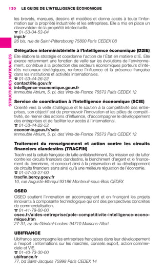 130                         LE GUIDE DE L’INTELLIGENCE ÉCONOMIQUE

                                         les brevets, marques, dessins et modèles et donne accès à toute l’infor-
                                         mation sur la propriété industrielle et les entreprises. Elle a mis en place un
                                         observatoire de la propriété intellectuelle.
                                         ☎ 01-53-04-53-04
                                         inpi.fr
                                         26 bis, rue de Saint-Pétersbourg 75800 Paris CEDEX 08

                                         Délégation interministérielle à l’Intelligence économique (D2IE)
                 STRUCTURES NATIONALES




                                         Elle élabore la stratégie et coordonne l’action de l’État en matière d’IE. Elle
                                         exerce notamment une fonction de veille sur les évolutions de l’environne-
                                         ment, contribue à la protection des secteurs économiques porteurs d’inté-
                                         rêts nationaux stratégiques, renforce l’inﬂuence et la présence française
                                         dans les institutions et activités internationales.
                                         ☎ 01-53-44-26-22
                                         contact@ie.gouv.fr
                                         intelligence-economique.gouv.fr
                                         Immeuble Atrium, 5, pl. des Vins-de-France 75573 Paris CEDEX 12

                                         Service de coordination à l’Intelligence économique (SCIE)
                                         Orienté vers la veille stratégique et le soutien à la compétitivité des entre-
                                         prises, son objectif est de promouvoir l’innovation et les pôles de compéti-
                                         tivité, de mener des actions d’inﬂuence, d’accompagner le développement
                                         des entreprises et de faciliter leur accès à l’international.
                                         ☎ 01-53-44-22-52
                                         economie.gouv.fr/scie
                                         Immeuble Atrium, 5, pl. des Vins-de-France 75573 Paris CEDEX 12

                                         Traitement du renseignement et action contre les circuits
                                         ﬁnanciers clandestins (TRACFIN)
                                         Tracﬁn est la cellule française de lutte antiblanchiment. Sa mission est de lutter
                                         contre les circuits ﬁnanciers clandestins, le blanchiment d’argent et le ﬁnance-
                                         ment du terrorisme, et concourt ainsi à la préservation et au développement
                                         de circuits ﬁnanciers sains ainsi qu’à une meilleure régulation de l’économie.
                                         ☎ 01-57-53-27-00
                                         tracﬁn.bercy.gouv.fr
                                         10, rue Auguste-Blanqui 93186 Montreuil-sous-Bois CEDEX

                                         OSEO
                                         OSEO soutient l’innovation en accompagnant et en ﬁnançant les projets
                                         innovants à composante technologique qui ont des perspectives concrètes
                                         de commercialisation.
                                         ☎ 01-41-79-80-00
                                         oseo.fr/aides-entreprise/pole-competitivite-intelligence-econo-
                                         mique.htm
                                         27-31, av. du Général-Leclerc 94710 Maisons-Alfort

                                         UBIFRANCE
                                         Ubifrance accompagne les entreprises françaises dans leur développement
                                         à l’export : informations sur les marchés, conseils export, action commer-
                                         ciale et VIE.
                                         ☎ 01-40-73-30-00
                                         ubifrance.fr
                                         77, bd Saint-Jacques 75998 Paris CEDEX 14




128-137 GDR IE 120612.indd 130                                                                                                  05/07/12 09:49
Cyan quadriMagenta quadriJaune quadriNoir quadriPantone 1797U
     quadriMagenta quadriJaune quadriNoir quadriPantone                                    Sicogif Certified PDF LES PAOISTES
 