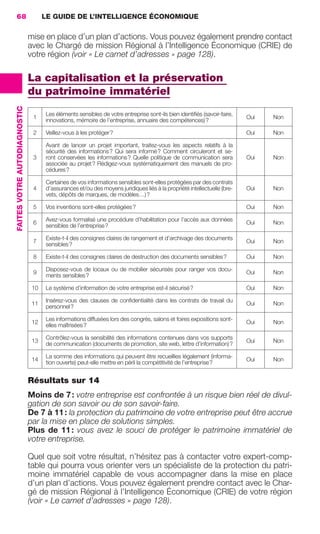 68                                  LE GUIDE DE L’INTELLIGENCE ÉCONOMIQUE

                                               mise en place d’un plan d’actions. Vous pouvez également prendre contact
                                               avec le Chargé de mission Régional à l’Intelligence Économique (CRIE) de
                                               votre région (voir « Le carnet d’adresses » page 128).

                                               La capitalisation et la préservation
                                               du patrimoine immatériel
                 FAITES VOTRE AUTODIAGNOSTIC




                                                     Les éléments sensibles de votre entreprise sont-ils bien identiﬁés (savoir-faire,
                                                1                                                                                        Oui   Non
                                                     innovations, mémoire de l’entreprise, annuaire des compétences) ?

                                                2    Veillez-vous à les protéger ?                                                       Oui   Non

                                                     Avant de lancer un projet important, traitez-vous les aspects relatifs à la
                                                     sécurité des informations ? Qui sera informé ? Comment circuleront et se-
                                                3    ront conservées les informations ? Quelle politique de communication sera           Oui   Non
                                                     associée au projet ? Rédigez-vous systématiquement des manuels de pro-
                                                     cédures ?

                                                     Certaines de vos informations sensibles sont-elles protégées par des contrats
                                                4    d’assurances et/ou des moyens juridiques liés à la propriété intellectuelle (bre-   Oui   Non
                                                     vets, dépôts de marques, de modèles…) ?

                                                5    Vos inventions sont-elles protégées ?                                               Oui   Non

                                                     Avez-vous formalisé une procédure d’habilitation pour l’accès aux données
                                                6                                                                                        Oui   Non
                                                     sensibles de l’entreprise ?

                                                     Existe-t-il des consignes claires de rangement et d’archivage des documents
                                                7                                                                                        Oui   Non
                                                     sensibles ?

                                                8    Existe-t-il des consignes claires de destruction des documents sensibles ?          Oui   Non

                                                     Disposez-vous de locaux ou de mobilier sécurisés pour ranger vos docu-
                                                9                                                                                        Oui   Non
                                                     ments sensibles ?

                                                10   Le système d’information de votre entreprise est-il sécurisé ?                      Oui   Non

                                                     Insérez-vous des clauses de conﬁdentialité dans les contrats de travail du
                                                11                                                                                       Oui   Non
                                                     personnel ?

                                                     Les informations diffusées lors des congrès, salons et foires expositions sont-
                                                12                                                                                       Oui   Non
                                                     elles maîtrisées ?

                                                     Contrôlez-vous la sensibilité des informations contenues dans vos supports
                                                13                                                                                       Oui   Non
                                                     de communication (documents de promotion, site web, lettre d’information) ?

                                                     La somme des informations qui peuvent être recueillies légalement (informa-
                                                14                                                                                       Oui   Non
                                                     tion ouverte) peut-elle mettre en péril la compétitivité de l’entreprise ?


                                               Résultats sur 14
                                               Moins de 7 : votre entreprise est confrontée à un risque bien réel de divul-
                                               gation de son savoir ou de son savoir-faire.
                                               De 7 à 11 : la protection du patrimoine de votre entreprise peut être accrue
                                               par la mise en place de solutions simples.
                                               Plus de 11 : vous avez le souci de protéger le patrimoine immatériel de
                                               votre entreprise.

                                               Quel que soit votre résultat, n’hésitez pas à contacter votre expert-comp-
                                               table qui pourra vous orienter vers un spécialiste de la protection du patri-
                                               moine immatériel capable de vous accompagner dans la mise en place
                                               d’un plan d’actions. Vous pouvez également prendre contact avec le Char-
                                               gé de mission Régional à l’Intelligence Économique (CRIE) de votre région
                                               (voir « Le carnet d’adresses » page 128).




062-082 GDR IE 120612.indd 68                                                                                                                           05/07/12 09:59
Cyan quadriMagenta quadriJaune quadriNoir quadriPantone 1797U
     quadriMagenta quadriJaune quadriNoir quadriPantone                                                            Sicogif Certified PDF LES PAOISTES
 