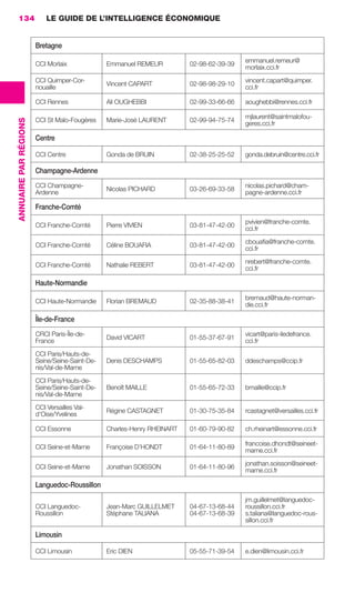 134                        LE GUIDE DE L’INTELLIGENCE ÉCONOMIQUE


                                        Bretagne
                                                                                                          emmanuel.remeur@
                                        CCI Morlaix             Emmanuel REMEUR          02-98-62-39-39
                                                                                                          morlaix.cci.fr
                                        CCI Quimper-Cor-                                                  vincent.capart@quimper.
                                                                Vincent CAPART           02-98-98-29-10
                                        nouaille                                                          cci.fr

                                        CCI Rennes              Ali OUGHEBBI             02-99-33-66-66   aoughebbi@rennes.cci.fr

                                                                                                          mjlaurent@saintmalofou-
                 ANNUAIRE PAR RÉGIONS




                                        CCI St Malo-Fougères    Marie-José LAURENT       02-99-94-75-74
                                                                                                          geres.cci.fr

                                        Centre

                                        CCI Centre              Gonda de BRUIN           02-38-25-25-52   gonda.debruin@centre.cci.fr

                                        Champagne-Ardenne
                                        CCI Champagne-                                                    nicolas.pichard@cham-
                                                                Nicolas PICHARD          03-26-69-33-58
                                        Ardenne                                                           pagne-ardenne.cci.fr

                                        Franche-Comté
                                                                                                          pvivien@franche-comte.
                                        CCI Franche-Comté       Pierre VIVIEN            03-81-47-42-00
                                                                                                          cci.fr
                                                                                                          cbouaﬁa@franche-comte.
                                        CCI Franche-Comté       Céline BOUAFIA           03-81-47-42-00
                                                                                                          cci.fr
                                                                                                          nrebert@franche-comte.
                                        CCI Franche-Comté       Nathalie REBERT          03-81-47-42-00
                                                                                                          cci.fr

                                        Haute-Normandie
                                                                                                          bremaud@haute-norman-
                                        CCI Haute-Normandie     Florian BREMAUD          02-35-88-38-41
                                                                                                          die.cci.fr

                                        Île-de-France
                                        CRCI Paris-Île-de-                                                vicart@paris-iledefrance.
                                                                David VICART             01-55-37-67-91
                                        France                                                            cci.fr
                                        CCI Paris/Hauts-de-
                                        Seine/Seine-Saint-De-   Denis DESCHAMPS          01-55-65-82-03   ddeschamps@ccip.fr
                                        nis/Val-de-Marne
                                        CCI Paris/Hauts-de-
                                        Seine/Seine-Saint-De-   Benoît MAILLE            01-55-65-72-33   bmaille@ccip.fr
                                        nis/Val-de-Marne
                                        CCI Versailles Val-
                                                                Régine CASTAGNET         01-30-75-35-84   rcastagnet@versailles.cci.fr
                                        d’Oise/Yvelines

                                        CCI Essonne             Charles-Henry RHEINART   01-60-79-90-82   ch.rheinart@essonne.cci.fr

                                                                                                          francoise.dhondt@seineet-
                                        CCI Seine-et-Marne      Françoise D’HONDT        01-64-11-80-89
                                                                                                          marne.cci.fr
                                                                                                          jonathan.soisson@seineet-
                                        CCI Seine-et-Marne      Jonathan SOISSON         01-64-11-80-96
                                                                                                          marne.cci.fr

                                        Languedoc-Roussillon
                                                                                                          jm.guillelmet@languedoc-
                                        CCI Languedoc-          Jean-Marc GUILLELMET     04-67-13-68-44   roussillon.cci.fr
                                        Roussillon              Stéphane TALIANA         04-67-13-68-39   s.taliana@languedoc-rous-
                                                                                                          sillon.cci.fr

                                        Limousin

                                        CCI Limousin            Eric DIEN                05-55-71-39-54   e.dien@limousin.cci.fr




128-137 GDR IE 120612.indd 134                                                                                                           05/07/12 09:49
Cyan quadriMagenta quadriJaune quadriNoir quadriPantone 1797U
     quadriMagenta quadriJaune quadriNoir quadriPantone                                        Sicogif Certified PDF LES PAOISTES
 