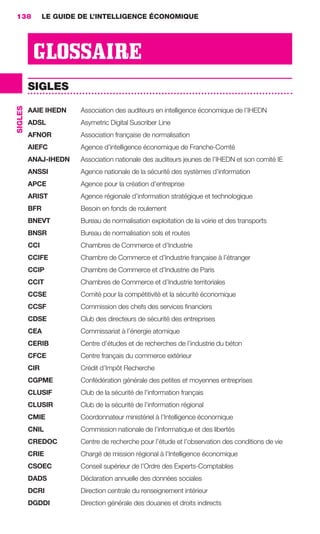 138            LE GUIDE DE L’INTELLIGENCE ÉCONOMIQUE




                           GLOSSAIRE
                          SIGLES
                 SIGLES




                          AAIE IHEDN     Association des auditeurs en intelligence économique de l’IHEDN
                          ADSL           Asymetric Digital Suscriber Line
                          AFNOR          Association française de normalisation
                          AIEFC          Agence d’intelligence économique de Franche-Comté
                          ANAJ-IHEDN     Association nationale des auditeurs jeunes de l’IHEDN et son comité IE
                          ANSSI          Agence nationale de la sécurité des systèmes d’information
                          APCE           Agence pour la création d’entreprise
                          ARIST          Agence régionale d’information stratégique et technologique
                          BFR            Besoin en fonds de roulement
                          BNEVT          Bureau de normalisation exploitation de la voirie et des transports
                          BNSR           Bureau de normalisation sols et routes
                          CCI            Chambres de Commerce et d’Industrie
                          CCIFE          Chambre de Commerce et d’Industrie française à l’étranger
                          CCIP           Chambre de Commerce et d’Industrie de Paris
                          CCIT           Chambres de Commerce et d’Industrie territoriales
                          CCSE           Comité pour la compétitivité et la sécurité économique
                          CCSF           Commission des chefs des services ﬁnanciers
                          CDSE           Club des directeurs de sécurité des entreprises
                          CEA            Commissariat à l’énergie atomique
                          CERIB          Centre d’études et de recherches de l’industrie du béton
                          CFCE           Centre français du commerce extérieur
                          CIR            Crédit d’Impôt Recherche
                          CGPME          Confédération générale des petites et moyennes entreprises
                          CLUSIF         Club de la sécurité de l’information français
                          CLUSIR         Club de la sécurité de l’information régional
                          CMIE           Coordonnateur ministériel à l’Intelligence économique
                          CNIL           Commission nationale de l’informatique et des libertés
                          CREDOC         Centre de recherche pour l’étude et l’observation des conditions de vie
                          CRIE           Chargé de mission régional à l’Intelligence économique
                          CSOEC          Conseil supérieur de l’Ordre des Experts-Comptables
                          DADS           Déclaration annuelle des données sociales
                          DCRI           Direction centrale du renseignement intérieur
                          DGDDI          Direction générale des douanes et droits indirects




138-144 GDR IE 120612.indd 138                                                                                         05/07/12 09:54
Cyan quadriMagenta quadriJaune quadriNoir quadriPantone 1797U
     quadriMagenta quadriJaune quadriNoir quadriPantone                           Sicogif Certified PDF LES PAOISTES
 