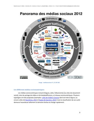 Beaudin-Lecours, A., Delisle, I., Desrochers, M.-J., Germain, G., Giroux, P., Lachapelle-Bégin, L., Martel, C. et J.-L. Trussart. Guide de l’utilisation pédagogique des médias sociaux.




                                                                     Image : mediassociaux.fr | CC BY-ND




Les différents médias socionumériques
       Les médias socionumériques incluent blogues, wikis, folksonomies (ou sites de classement
social), sites de partage de vidéos et de baladodiffusions, et réseaux socionumériques. Plusieurs
typologies ont été proposées (exemples: celle de Frédéric Cavazza dont est tirée la figure, ou
encore celles de Deschênes, 2012 et Kaplan & Haenlein, 2010 ) mais la classification de ces outils
demeure hasardeuse tellement le domaine évolue et change rapidement.




                                                                                                                                                                                       9
 