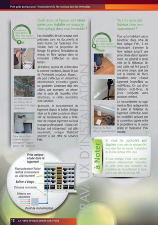 Petit guide pratique pour l’installation de la fibre optique dans les immeubles




                                      Quels types de travaux sont néces-                                                         Va-t-il y avoir des
                                      saires pour installer un réseau en                                                         travaux dans mon
                  Les travaux
                                      fibre optique dans mon immeuble ?                                                          appartement ?
                  d’installation
                  de la fibre optique  Les modalités de ces travaux sont                                                         Pour qu’un habitant puisse
                   dans votre immeuble                                                                        Les travaux
                                      précisées dans les documents et                                         d’installation       bénéficier d’une offre de
                                      plans fournis par l’opérateur d’im-                                     de la fibre optique fibre optique FttH, il est
                                      meuble dans sa proposition de                                            dans votre immeuble
                                                                                                                                 nécessaire d’amener la
                                      fibrage. En général, l’installation du                                                     fibre optique jusqu’à une
                                      réseau en fibre optique dans un                                                            prise située dans l’apparte-
                                      immeuble s’effectue en deux                                                                ment, en général à proxi-
                                      temps :                                                                                    mité de la télévision. Un




                                                                          TRAVAUX D’INSTALLATION
                                                                                              ©lafibre.info
                                         d’abord, la pose de la fibre dans                                                       seul câble est tiré jusqu’à
                                      la colonne montante, depuis le bas                                                         une prise unique, quel que
                                      de l’immeuble jusqu’aux étages :                                                           soit le nombre de fibres
                                      elle peut s’effectuer en utilisant les                                                     installées pour chaque
                                      infrastructures existantes (gaines                                                         logement (mono-fibre ou
                                      ou goulottes contenant déjà des                                                            multi-fibres). En cas d’ins-
 ©lafibre.info




                                      câbles, par exemple), ou néces-                                                            tallation multi-fibres, la
                                      siter la pose de nouvelles infra-                       ©lafibre.info                      prise comporte alors
                                      structures, si celles existantes                                                           plusieurs entrées.
                 La fibre remonte
                 au niveau de la      sont saturées.                                                                   Le raccordement du loge-
                 cave dans la cage        ensuite, le raccordement du                                                  ment en fibre optique entre
                 d'escalier                                                                                            le palier et l’intérieur du
                                      logement depuis le boîtier d’étage
                                      situé sur le palier jusqu’à un dispo-                                            logement s’effectue selon
                                      sitif de terminaison situé à l’inté-                                             les modalités prévues par
                                                                                              ©lafibre.info




                                      rieur de chaque logement ou local                                                la convention signée entre
                                      à usage professionnel : il peut s’ef-                                            le propriétaire ou la copro-
 ©lafibre.info




                                      fectuer soit initialement, soit ulté-                         Pose de la fibre   priété et l’opérateur d’im-
                                                                                                    dans l'appartement meuble.
                                      rieurement, lorsque l’habitant
       Pose de la fibre               souscrit à une offre de services
       entre le boitier               FttH.                                                                           Si vous ne souhaitez pas
       d’étage et l'appar-
       tement de l'abonné                                                                                             disposer d’une offre de services FttH,
                                                                                                                      vous êtes libre de refuser l’installation
                                                                                                                      de la prise optique chez vous.

                                                                                                                      Si vous changez d’avis, vous pourrez
                                                                                                                      contacter ultérieurement l’opérateur
                                                                                                                      de votre choix pour connaître les
                                                                                                                      conditions de raccordement et sous-
                                                                                                                      crire à une offre de services FttH.




12x                 LA FIBRE OPTIQUE ARRIVE CHEZ VOUS
 