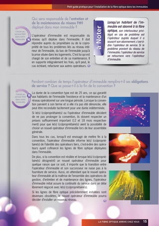 Petit guide pratique pour l’installation de la fibre optique dans les immeubles



               Qui sera responsable de l’entretien et
               de la maintenance du réseau FttH                                       Lorsqu’un habitant de l’im-
               déployé dans mon immeuble ?                                            meuble est abonné à la fibre
 L’accès au                                                                           optique, son interlocuteur privi-
service FttH                                                                          légié en cas de problème est
 dans votre    L’opérateur d’immeuble est responsable du
 immeuble      réseau qu’il déploie dans l’immeuble. Il doit                          l’opérateur auprès duquel il a
                                                                                      souscrit son abonnement, c’est-à-
               répondre auprès du propriétaire ou de la copro-
                                                                                      dire l’opérateur de service. Si le
               priété de tous les problèmes liés au réseau inté-
                                                                                      problème provient du réseau de
               rieur de l’immeuble, du bas de l’immeuble jusqu’à
                                                                                      l’immeuble, l’opérateur de service
               la prise située dans les logements. C’est lui qui est                  se retournera vers l’opérateur
               chargé de son entretien et de sa maintenance. Il                       d’immeuble.
               en supporte intégralement les frais, qu’il peut, le
               cas échéant, refacturer aux autres opérateurs.




               Pendant combien de temps l’opérateur d’immeuble remplira-t-il ses obligations
               de service ? Que se passe-t-il à la fin de la convention ?

 L’accès au
               La durée de la convention type est de 25 ans, ce qui garantit
service FttH   aux habitants de l’immeuble l’existence et la maintenance d’un
 dans votre
 immeuble
               réseau opérationnel sur une longue période. Lorsque la conven-
               tion parvient à son terme et si elle n’a pas été dénoncée, elle
               peut être reconduite tacitement pour une durée indéterminée.
               Si le(s) (co)propriétaire(s) ou l’opérateur d’immeuble décident
               de ne pas prolonger la convention, ils doivent respecter un
               préavis suffisamment important (12 et 18 mois respective-
               ment) pour que le(s) (co)propriétaire(s) aient la possibilité de
               choisir un nouvel opérateur d’immeuble lors de leur assemblée
               générale.
               Dans tous les cas, lorsqu’il est envisagé de mettre fin à la
               convention, l’opérateur d’immeuble informe le(s) (co)proprié-
               taire(s) de l’identité des opérateurs tiers, c’est-à-dire des opéra-
               teurs ayant cofinancé les lignes de fibre optique déployées
               dans l’immeuble.
               De plus, si la convention est résiliée et lorsque le(s) (co)proprié-
               taire(s) désigne(nt) un nouvel opérateur d’immeuble pour
               quelque raison que ce soit, il importe que la transition entre
               l’opérateur d’immeuble et son successeur ne nuise pas à la
               fourniture de service. Aussi, en attendant que le nouvel opéra-
               teur d’immeuble ait la maîtrise de l’ensemble des opérations de
               gestion, d’entretien et de maintenance des lignes, l’opérateur
               d’immeuble initial assure la continuité du service dans un délai
               librement négocié avec le(s) (co)propriétaire(s).
               Si les lignes de fibre optique précédemment installées sont
               devenues obsolètes, le nouvel opérateur d’immeuble pourra
               décider d’installer un nouveau réseau.




                                                                             LA FIBRE OPTIQUE ARRIVE CHEZ VOUS          x15
 