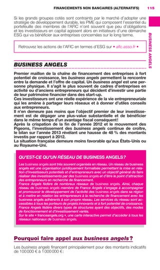 FINANCEMENTS NON BANCAIRES (ALTERNATIFS) 115
BUSINESSANGELS
Si les grands groupes cotés sont contraints par le marché d’adopter une
stratégie de développement durable, les PME qui composent l’essentiel du
portefeuille des membres de l’AFIC n’ont souvent que peu d’obligations
et les investisseurs en capital agissent alors en initiateurs d’une démarche
ESG qui va bénéﬁcier aux entreprises concernées sur le long terme.
Retrouvez les actions de l’AFIC en termes d’ESG sur • aﬁc.asso.fr •
BUSINESS ANGELS
Premier maillon de la chaîne de ﬁnancement des entreprises à fort
potentiel de croissance, les business angels permettent la rencontre
entre la demande et l’offre de capital. Un business angel est une per-
sonne physique. Il s’agit le plus souvent de cadres d’entreprises en
activité ou d’anciens entrepreneurs qui décident d’investir une partie
de leur patrimoine ﬁnancier dans des start-up.
Ces investisseurs ont une réelle expérience de la vie entrepreneuriale
qui les amène à partager leurs réseaux et à donner d’utiles conseils
aux entrepreneurs.
Il n’en demeure pas moins que l’objectif premier de leur investisse-
ment est de dégager une plus-value substantielle et de bénéﬁcier
dans le même temps d’un avantage ﬁscal conséquent!
Après la crispation de la ﬁn de l’année 2012 et le mouvement des
Pigeons, l’investissement des business angels continue de croître,
le bilan sur l’année 2013 révélant une hausse de 48 % des montants
investis par rapport à 2012.
La situation française demeure moins favorable qu’aux États-Unis ou
au Royaume-Uni.
Pourquoi faire appel aux business angels?
Les business angels ﬁnancent principalement pour des montants indicatifs
de 100000 € à 1000000 €:
QU’EST-CE QU’UN RÉSEAU DE BUSINESS ANGELS?
Les business angels sont très souvent organisés en réseau. Un réseau de business
angels est une organisation juridiquement formalisée permettant la mise en rela-
tion d’investisseurs potentiels et d’entrepreneurs avec un objectif général de faire
réaliser des investissements par des business angels et d’être le point d’attraction
des entrepreneurs en recherche de ﬁnancement.
France Angels fédère de nombreux réseaux de business angels. Ainsi, chaque
réseau de business angels membre de France Angels s’engage à accompagner
et promouvoir le développement de l’activité des business angels dans sa région
et à mettre en relation les entrepreneurs à la recherche de ﬁnancement avec les
business angels adhérents à son propre réseau. Les services du réseau sont ac-
cessibles à tous les porteurs de projets innovants et à fort potentiel de croissance.
France Angels fédère divers types de structures ayant des objectifs, des modes
de fonctionnement et d’investissement variés.
Sur le site • franceangels.org •, une carte interactive permet d’accéder à tous les
réseaux nationaux de business angels.
GDR FE 106-130.indd 115GDR FE 106-130.indd 115 08/01/16 10:5408/01/16 10:54
Sicogif Certified PDF LES PAOISTES
 