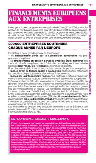 FINANCEMENTS EUROPÉENS AUX ENTREPRISES 131
FINANCEMENTS EUROPÉENS
AUX ENTREPRISES
Lebudgeteuropéen,programmésurunepériodede7 ans(2014-2020),metàdis-
position de nombreuses ressources pour stimuler la compétitivité des entreprises,
que ce soit via les fonds structurels ou via des programmes européens dédiés.
Au total, ce sont plus de 17 milliards d’euros par an qui sont mobilisés en Europe,
créant un effet de levier et d’entraînement pour les entreprises bénéﬁciaires.
200000 ENTREPRISES SOUTENUES
CHAQUE ANNÉE PAR L’EUROPE
On distingue deux grands canaux de ﬁnancement:
– les ﬁnancements gérés par la Commission européenne (les pro-
grammes européens);
– les ﬁnancements en gestion partagée avec les États membres (les
fonds structurels européens), dont l’attribution est déléguée à une autorité
nationale (en France, les Régions) qui coﬁnance les projets.
Pour chaque canal de ﬁnancement, il existe deux accès pour les entreprises:
– l’accès direct se fait par appels à proposition, chaque appel déﬁnissant
les conditions de participation et d’octroi des ﬁnancements;
– l’accès par un intermédiaire ﬁnancier est parfois plus difﬁcile à cerner, car
celui-ci n’annonce pas toujours que le ﬁnancement est d’origine européenne.
Grâce au soutien de l’UE, des intermédiaires ﬁnanciers (banques, sociétés de
garantie, fonds d’investissement, organismes de microcrédits, associations…)
proposent des ﬁnancements aux entreprises, généralement des prêts, garan-
ties ou investissements en capital. Les conditions précises de ﬁnancement
(montant, durée, taux d’intérêt, frais) sont ﬁxées par les intermédiaires.
Enﬁn, le groupe BEI rassemble la Banque européenne d’investissement (BEI)
et le Fonds européen d’investissement (FEI) et coﬁnance à hauteur de 50 %
maximum des projets d’investissement dans quatre domaines prioritaires:
innovation et compétences, accès des petites entreprises au ﬁnancement,
environnement et climat, et infrastructure.
Les ﬁnancements peuvent être accordés directement par la BEI (pour des
projets de plus de 25 millions d’euros) ou, pour les plus petits projets, par les
intermédiaires ﬁnanciers du FEI.
UN PLAN D’INVESTISSEMENT POUR L’EUROPE
L’Union européenne veut donner un coup de fouet à l’investissement pour relan-
cer la croissance et l’emploi. Elle a lancé en 2015 un plan d’investissement pour
l’Europe qui met l’investissement au cœur de ses priorités et crée de nouveaux
outils pour mobiliser les liquidités disponibles en Europe. Le nouveau Fonds
européen pour les investissements stratégiques, géré par la BEI, permettra de
mobiliser 315 milliards d’euros de ﬁnancement, dont près de 75 milliards pour les
PME en plus des ﬁnancements déjà existants par le budget européen. Une plate-
forme européenne de conseil en investissement est désormais accessible à tous
les porteurs de projet (publics et privés), ainsi qu’un portail de projets pour faciliter
l’information sur les projets disponibles à la recherche de ﬁnancements. Le plan
s’attaquera aussi aux barrières réglementaires à l’investissement en Europe.
• bei.org/invest-eu •
200 000ENTREPRISESSOUTENUESCHAQUEANNÉEPARL'EUROPE
GDR FE 131-133.indd 131GDR FE 131-133.indd 131 08/01/16 10:5408/01/16 10:54
Sicogif Certified PDF LES PAOISTES
 