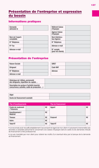 DOSSIER DE FINANCEMENT
DOSSIERDEFINANCEMENT
137
Présentation de l’entreprise et expression
du besoin
Informations pratiques
Demande
adressée le
Référent Caisse
d’Epargne
Agence Caisse
d’Epargne
Nom de l’expert-
comptable
Nom Interlocu-
teur Agence
N° Téléphone N° Téléphone
N° Fax Adresse e-mail
Adresse e-mail N° compte
(pour les clients)
Présentation de l’entreprise
Raison Sociale SIRET
Dirigeant Code NAF
N° Téléphone Adresse
Adresse e-mail
Historique de l’affaire, ancienneté
des dirigeants, répartition du capital…
Description du secteur d’activité (marché,
concurrence, activités, outils de production…)
Objet
Durée de ﬁnancement souhaité
Plan d'investissements Plan de ﬁnancement
Fonds de roulement
/ Trésorerie
K€ Apport K€
Investissement /
Matériel
K€
Travaux K€ Emprunt K€
Autre: K€
Total HT K€ Total HT K€
• Je reconnais avoir recueilli préalablement l’accord écrit et signé de mon client m’autorisant à transmettre ses
données à caractère personnel le concernant à la Caisse d’Epargne dans le cadre d’une demande d’étude
de ﬁnancement à titre professionnel.
• Je suis mandaté par mon client pour obtenir les motifs d’un éventuel refus par la banque de la demande
de ﬁnancement.
137
GDR FE 134-141.indd 137GDR FE 134-141.indd 137 08/01/16 10:5508/01/16 10:55
Sicogif Certified PDF LES PAOISTES
 