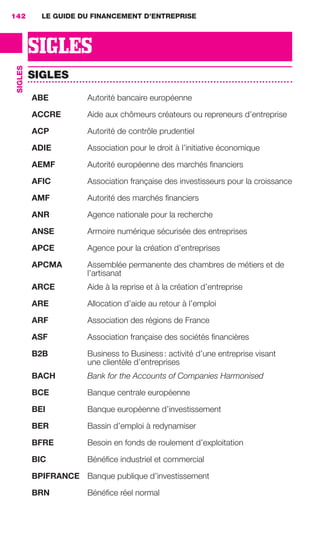 SIGLES
142
SIGLES
SIGLES
ABE Autorité bancaire européenne
ACCRE Aide aux chômeurs créateurs ou repreneurs d’entreprise
ACP Autorité de contrôle prudentiel
ADIE Association pour le droit à l’initiative économique
AEMF Autorité européenne des marchés ﬁnanciers
AFIC Association française des investisseurs pour la croissance
AMF Autorité des marchés ﬁnanciers
ANR Agence nationale pour la recherche
ANSE Armoire numérique sécurisée des entreprises
APCE Agence pour la création d’entreprises
APCMA Assemblée permanente des chambres de métiers et de
l’artisanat
ARCE Aide à la reprise et à la création d’entreprise
ARE Allocation d’aide au retour à l’emploi
ARF Association des régions de France
ASF Association française des sociétés ﬁnancières
B2B Business to Business: activité d’une entreprise visant
une clientèle d’entreprises
BACH Bank for the Accounts of Companies Harmonised
BCE Banque centrale européenne
BEI Banque européenne d’investissement
BER Bassin d’emploi à redynamiser
BFRE Besoin en fonds de roulement d’exploitation
BIC Bénéﬁce industriel et commercial
BPIFRANCE Banque publique d’investissement
BRN Bénéﬁce réel normal
LE GUIDE DU FINANCEMENT D’ENTREPRISE
GDR FE 142-148.indd 142GDR FE 142-148.indd 142 08/01/16 10:5508/01/16 10:55
Sicogif Certified PDF LES PAOISTES
 
