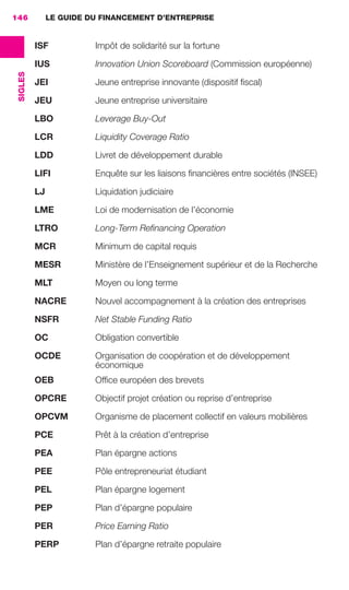 LE GUIDE DU FINANCEMENT D’ENTREPRISE
SIGLES
146
ISF Impôt de solidarité sur la fortune
IUS Innovation Union Scoreboard (Commission européenne)
JEI Jeune entreprise innovante (dispositif ﬁscal)
JEU Jeune entreprise universitaire
LBO Leverage Buy-Out
LCR Liquidity Coverage Ratio
LDD Livret de développement durable
LIFI Enquête sur les liaisons ﬁnancières entre sociétés (INSEE)
LJ Liquidation judiciaire
LME Loi de modernisation de l’économie
LTRO Long-Term Reﬁnancing Operation
MCR Minimum de capital requis
MESR Ministère de l’Enseignement supérieur et de la Recherche
MLT Moyen ou long terme
NACRE Nouvel accompagnement à la création des entreprises
NSFR Net Stable Funding Ratio
OC Obligation convertible
OCDE Organisation de coopération et de développement
économique
OEB Ofﬁce européen des brevets
OPCRE Objectif projet création ou reprise d’entreprise
OPCVM Organisme de placement collectif en valeurs mobilières
PCE Prêt à la création d’entreprise
PEA Plan épargne actions
PEE Pôle entrepreneuriat étudiant
PEL Plan épargne logement
PEP Plan d’épargne populaire
PER Price Earning Ratio
PERP Plan d’épargne retraite populaire
GDR FE 142-148.indd 146GDR FE 142-148.indd 146 08/01/16 10:5508/01/16 10:55
Sicogif Certified PDF LES PAOISTES
 