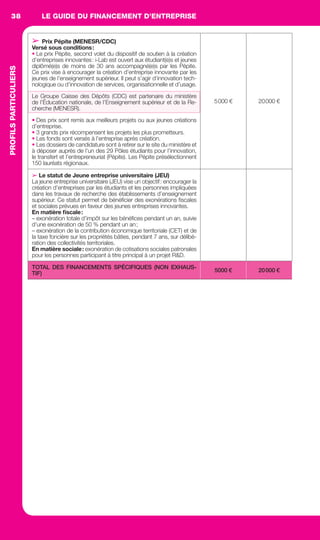LE GUIDE DU FINANCEMENT D’ENTREPRISEPROFILSPARTICULIERS38
➢ Prix Pépite (MENESR/CDC)
Versé sous conditions:
• Le prix Pépite, second volet du dispositif de soutien à la création
d’entreprises innovantes: i-Lab est ouvert aux étudiant(e)s et jeunes
diplômé(e)s de moins de 30 ans accompagné(e)s par les Pépite.
Ce prix vise à encourager la création d’entreprise innovante par les
jeunes de l’enseignement supérieur. Il peut s’agir d’innovation tech-
nologique ou d’innovation de services, organisationnelle et d’usage.
Le Groupe Caisse des Dépôts (CDC) est partenaire du ministère
de l’Éducation nationale, de l’Enseignement supérieur et de la Re-
cherche (MENESR).
• Des prix sont remis aux meilleurs projets ou aux jeunes créations
d’entreprise.
• 3 grands prix récompensent les projets les plus prometteurs.
• Les fonds sont versés à l’entreprise après création.
• Les dossiers de candidature sont à retirer sur le site du ministère et
à déposer auprès de l’un des 29 Pôles étudiants pour l’innovation,
le transfert et l’entrepreneuriat (Pépite). Les Pépite présélectionnent
150 lauréats régionaux.
5000 € 20000 €
➢ Le statut de Jeune entreprise universitaire (JEU)
La jeune entreprise universitaire (JEU) vise un objectif: encourager la
création d’entreprises par les étudiants et les personnes impliquées
dans les travaux de recherche des établissements d’enseignement
supérieur. Ce statut permet de bénéﬁcier des exonérations ﬁscales
et sociales prévues en faveur des jeunes entreprises innovantes.
En matière ﬁscale:
– exonération totale d’impôt sur les bénéﬁces pendant un an, suivie
d’une exonération de 50 % pendant un an;
– exonération de la contribution économique territoriale (CET) et de
la taxe foncière sur les propriétés bâties, pendant 7 ans, sur délibé-
ration des collectivités territoriales.
En matière sociale: exonération de cotisations sociales patronales
pour les personnes participant à titre principal à un projet R&D.
TOTAL DES FINANCEMENTS SPÉCIFIQUES (NON EXHAUS-
TIF)
5000 € 20000 €
GDR FE 036-046.indd 38GDR FE 036-046.indd 38 08/01/16 10:5008/01/16 10:50
Sicogif Certified PDF LES PAOISTES
 